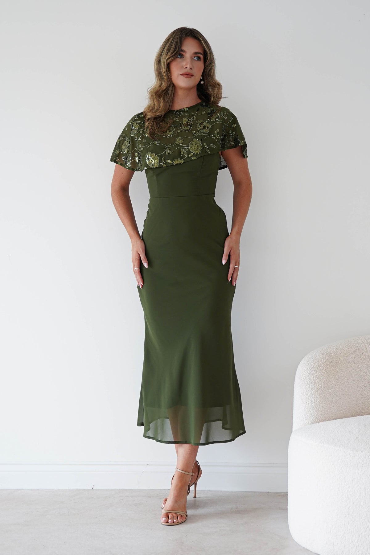 Oh Hello Clothing Women > Clothing > Dresses Fatima Sequin Cape Maxi Dress | Olive