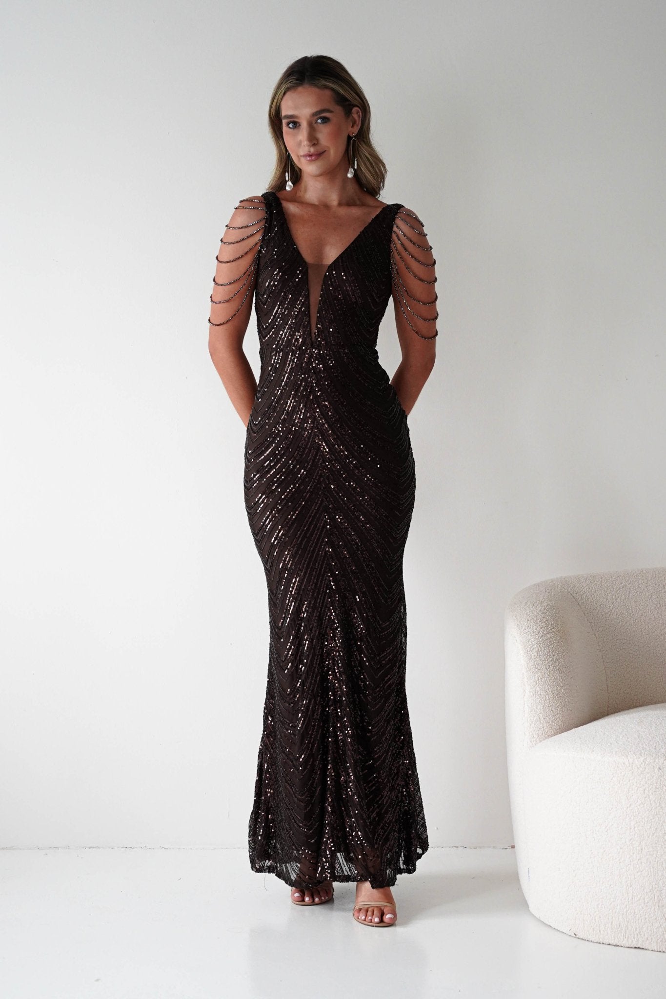 Fayette Embellished Sequin Gown | Brown | Debs & Prom | Oh Hello Clothing