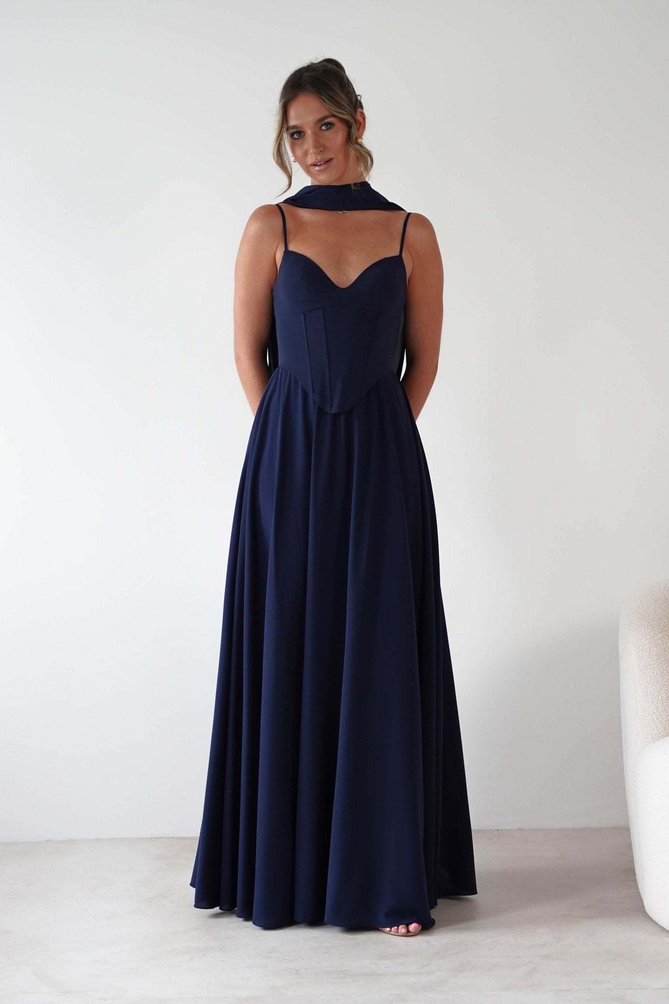 Felicity Lace Up Corset Maxi Dress Navy | Wedding Guest Dress | Corset Bodice | Maxi | Oh Hello Clothing