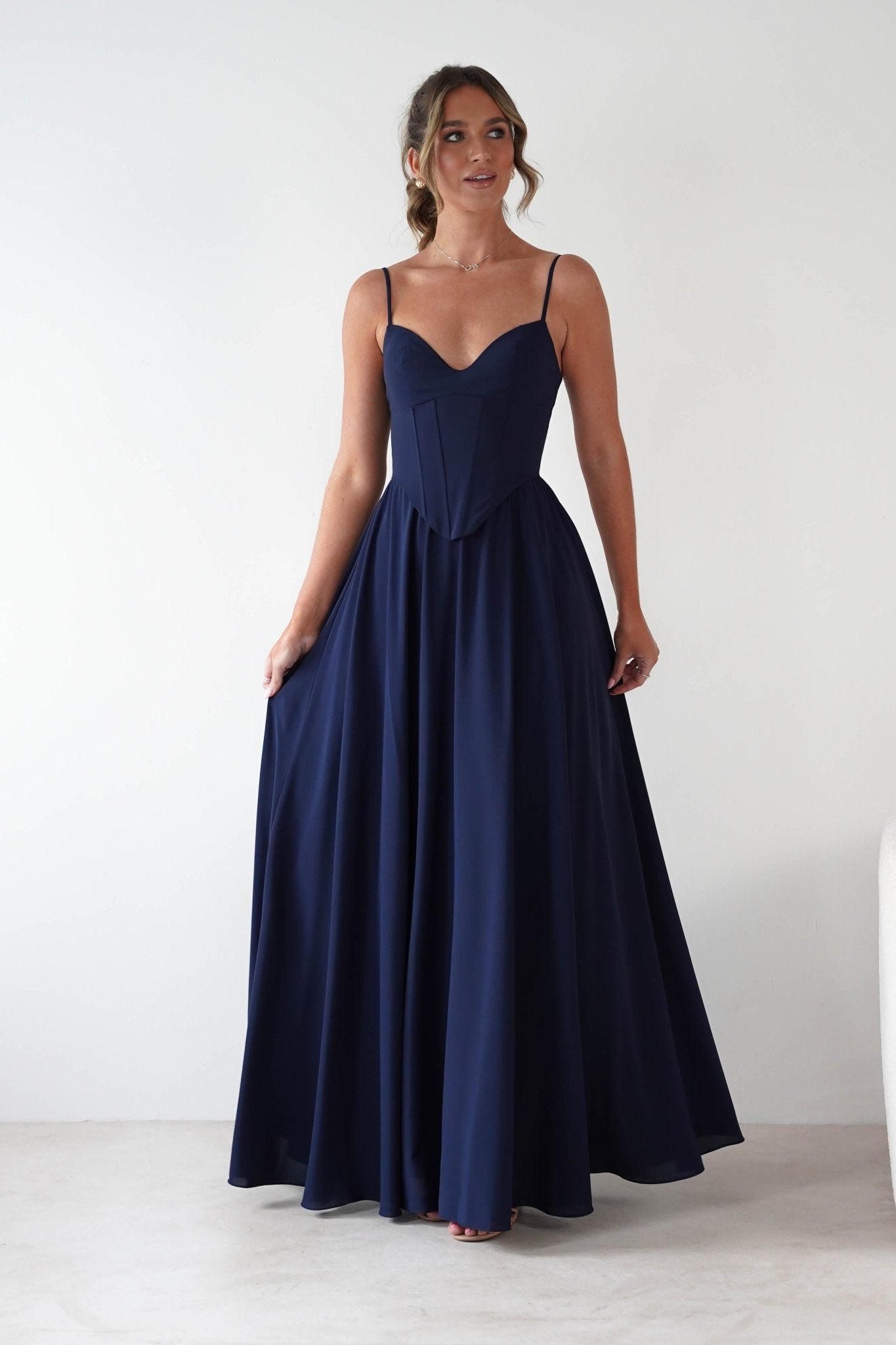 Felicity Lace Up Corset Maxi Dress Navy | Wedding Guest Dress | Corset Bodice | Maxi | Oh Hello Clothing