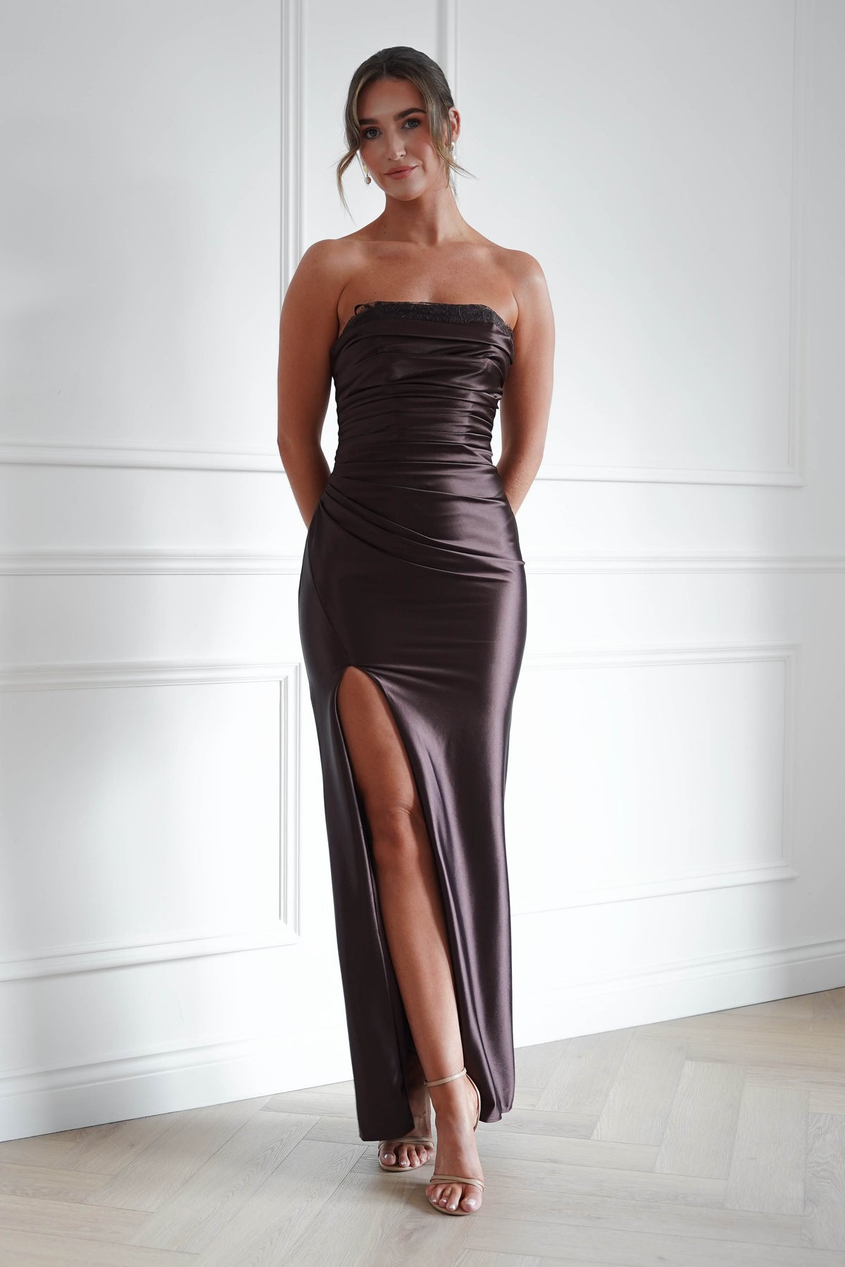 Oh Hello Clothing Dresses > Prom Dresses Flo Satin Lace Detail Maxi Dress | Brown