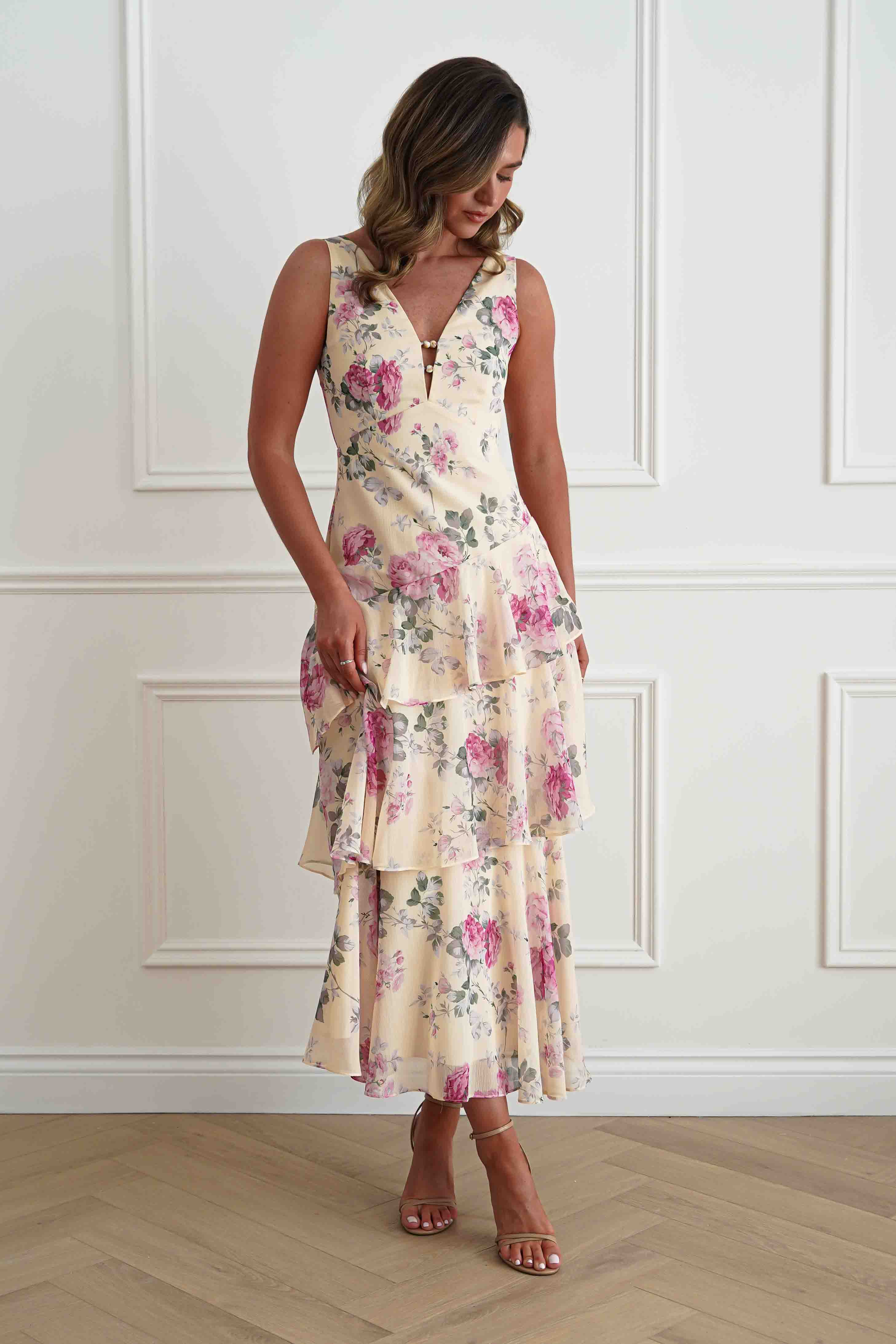 Oh Hello Clothing Women > Clothing > Dresses Flora Tiered Floral Print Maxi Dress | Yellow