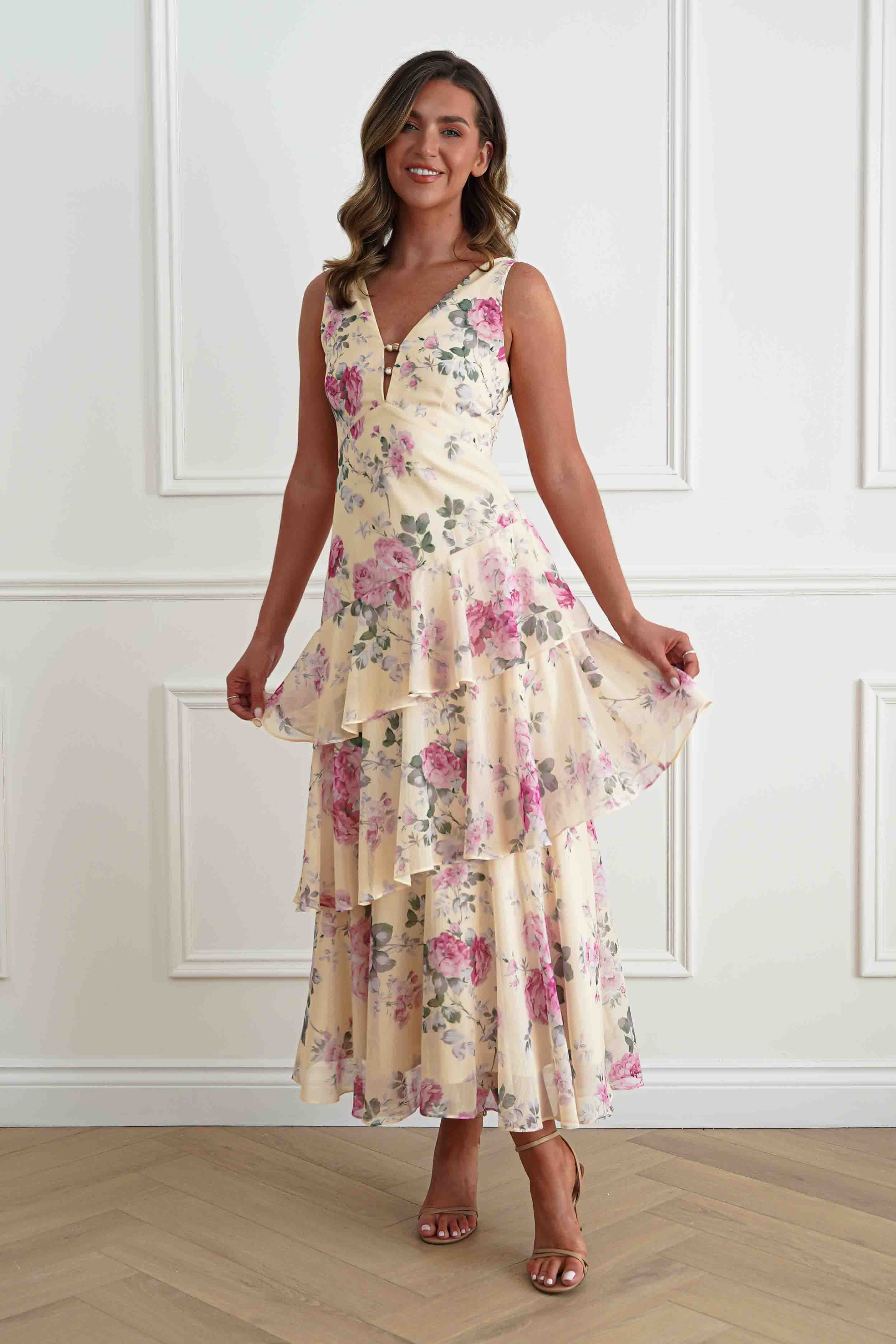 Oh Hello Clothing Women > Clothing > Dresses Flora Tiered Floral Print Maxi Dress | Yellow