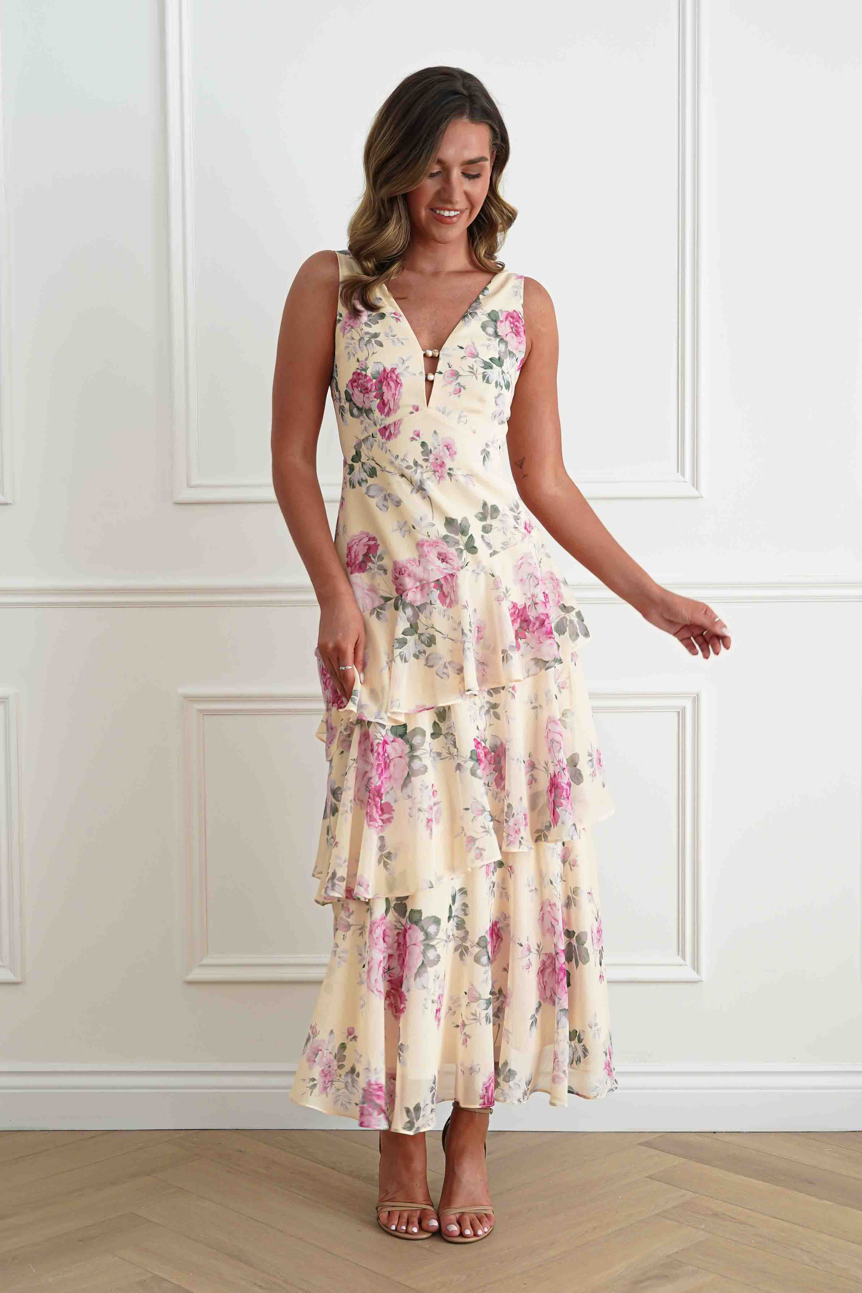 Oh Hello Clothing Women > Clothing > Dresses Flora Tiered Floral Print Maxi Dress | Yellow