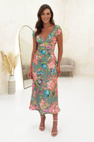 Marnie Floral Satin Midi Dress | Olive | Oh Hello Clothing
