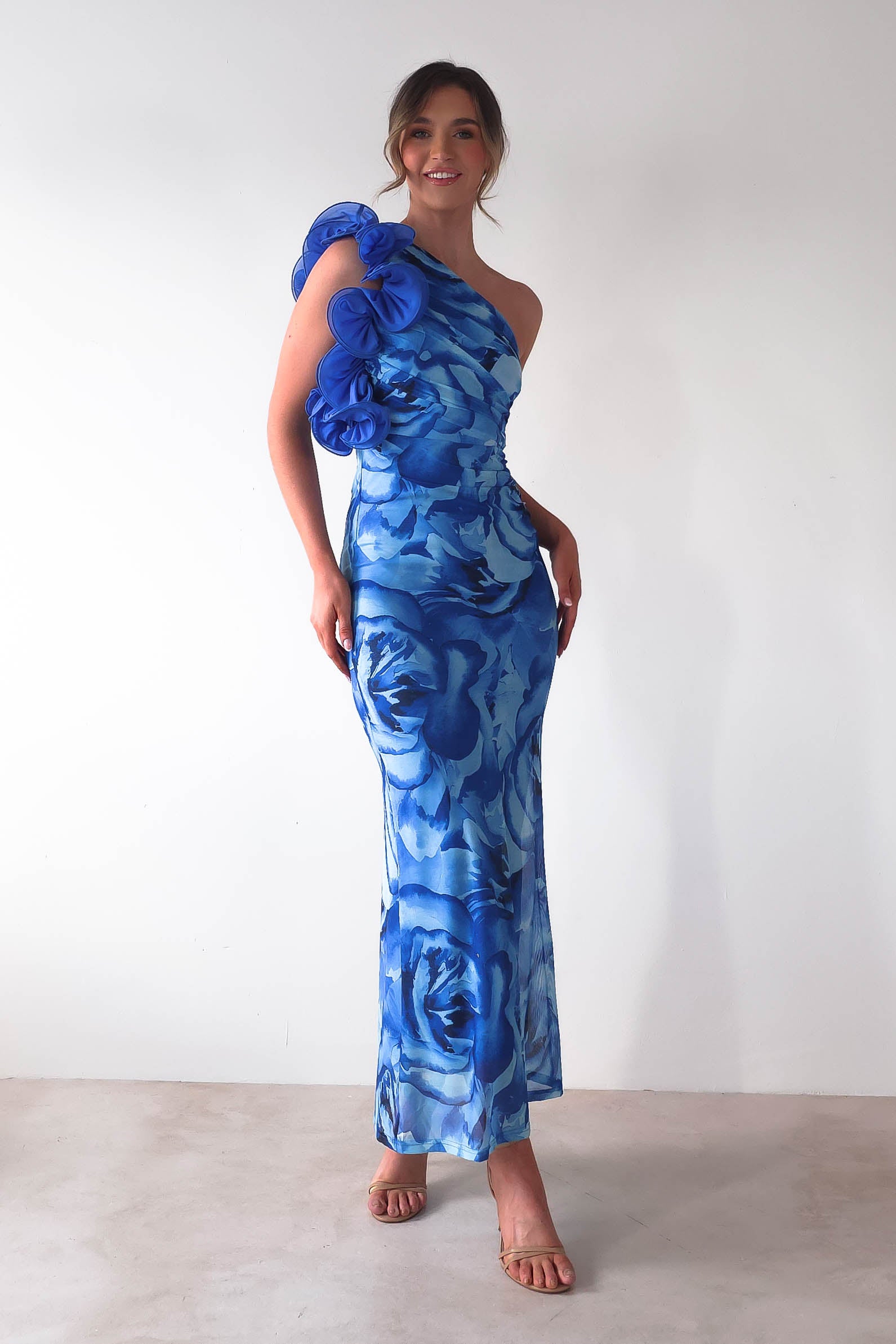 Genie Ruffle Printed Maxi Dress Blue | Wedding Guest Dress | Maxi | Oh Hello Clothing
