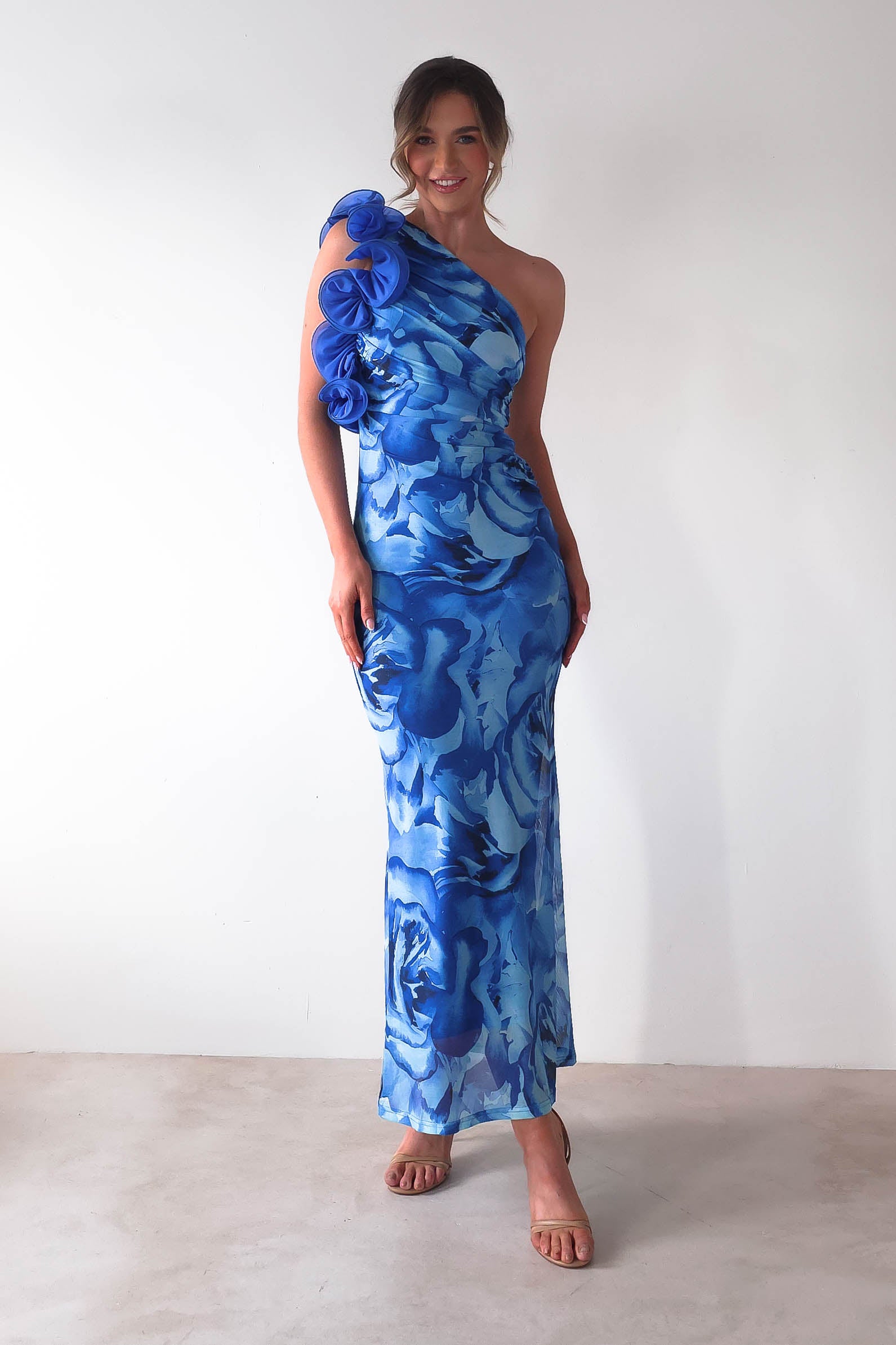 Genie Ruffle Printed Maxi Dress Blue | Wedding Guest Dress | Maxi | Oh Hello Clothing