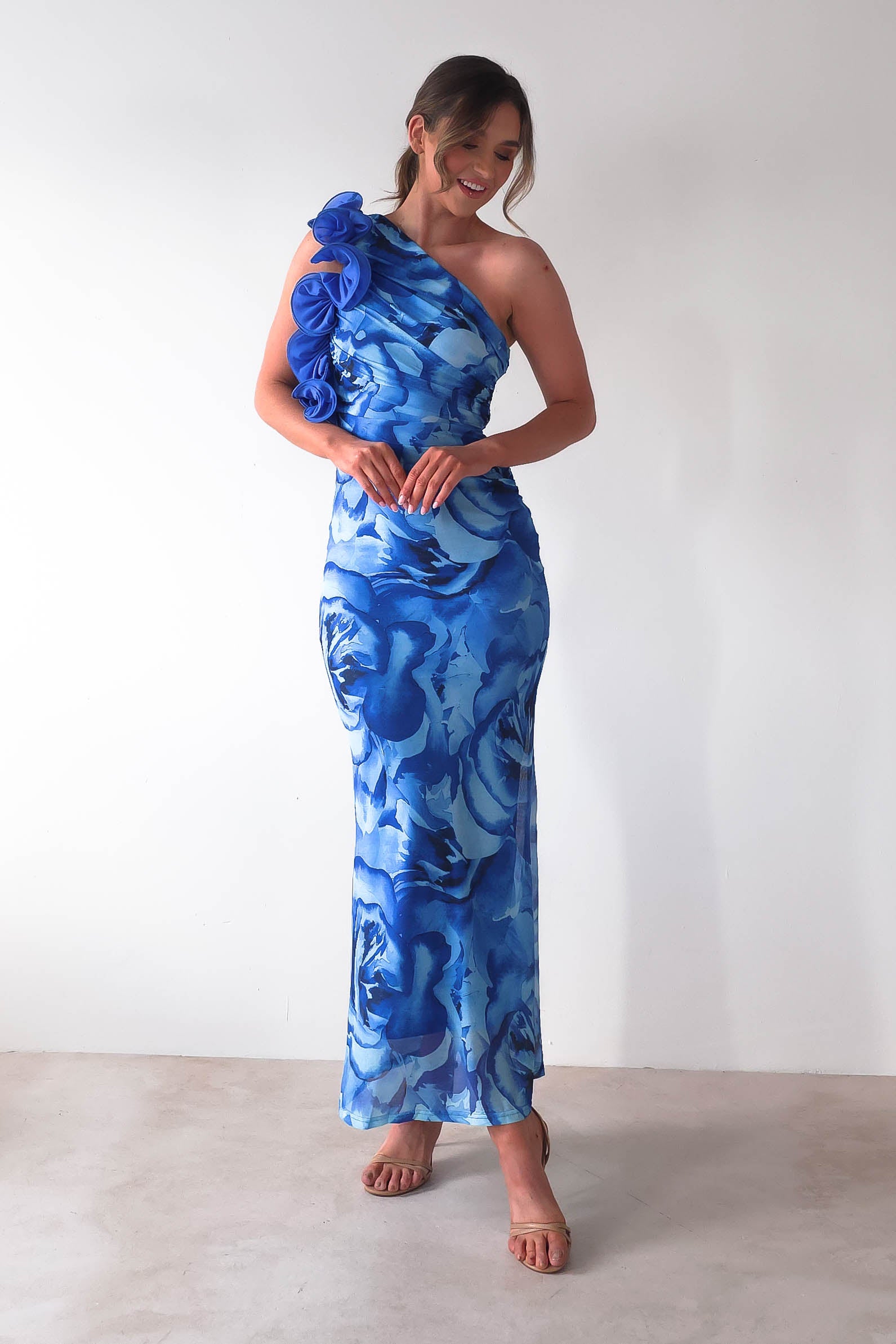 Genie Ruffle Printed Maxi Dress Blue | Wedding Guest Dress | Maxi | Oh Hello Clothing