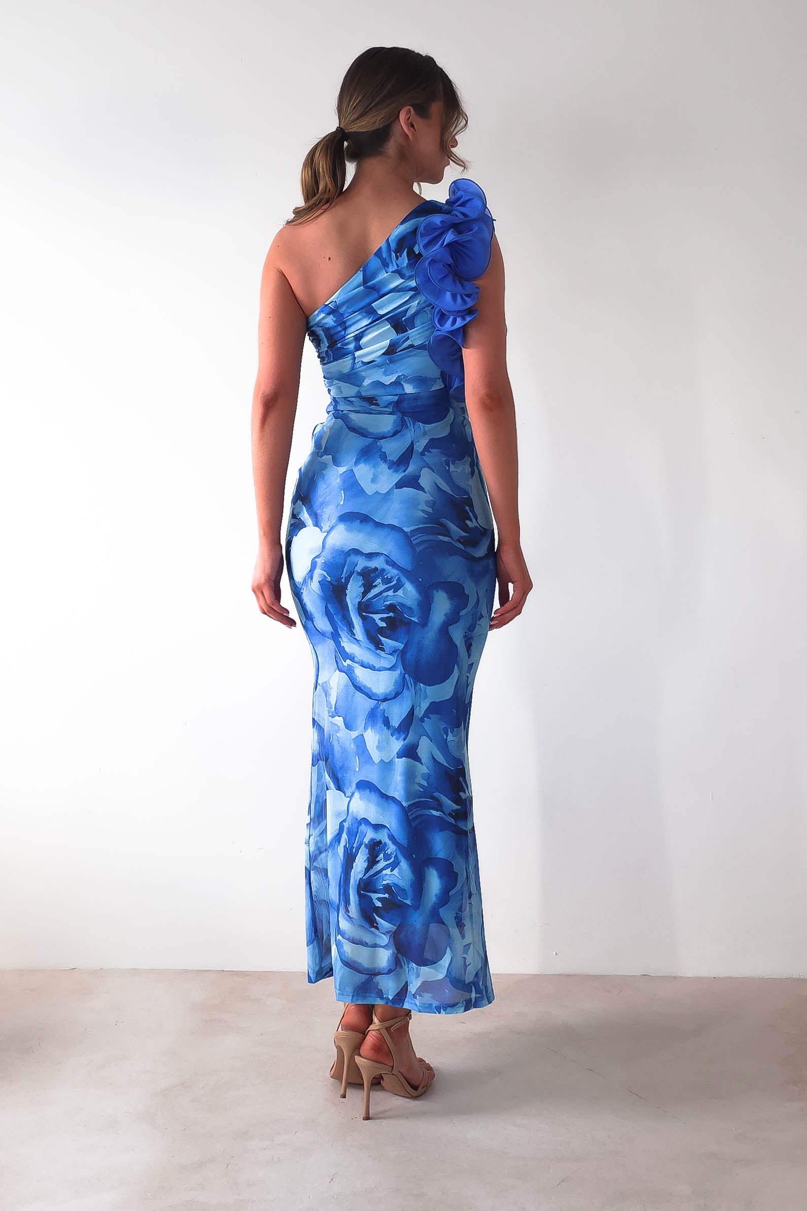 Genie Ruffle Printed Maxi Dress Blue | Wedding Guest Dress | Maxi | Oh Hello Clothing