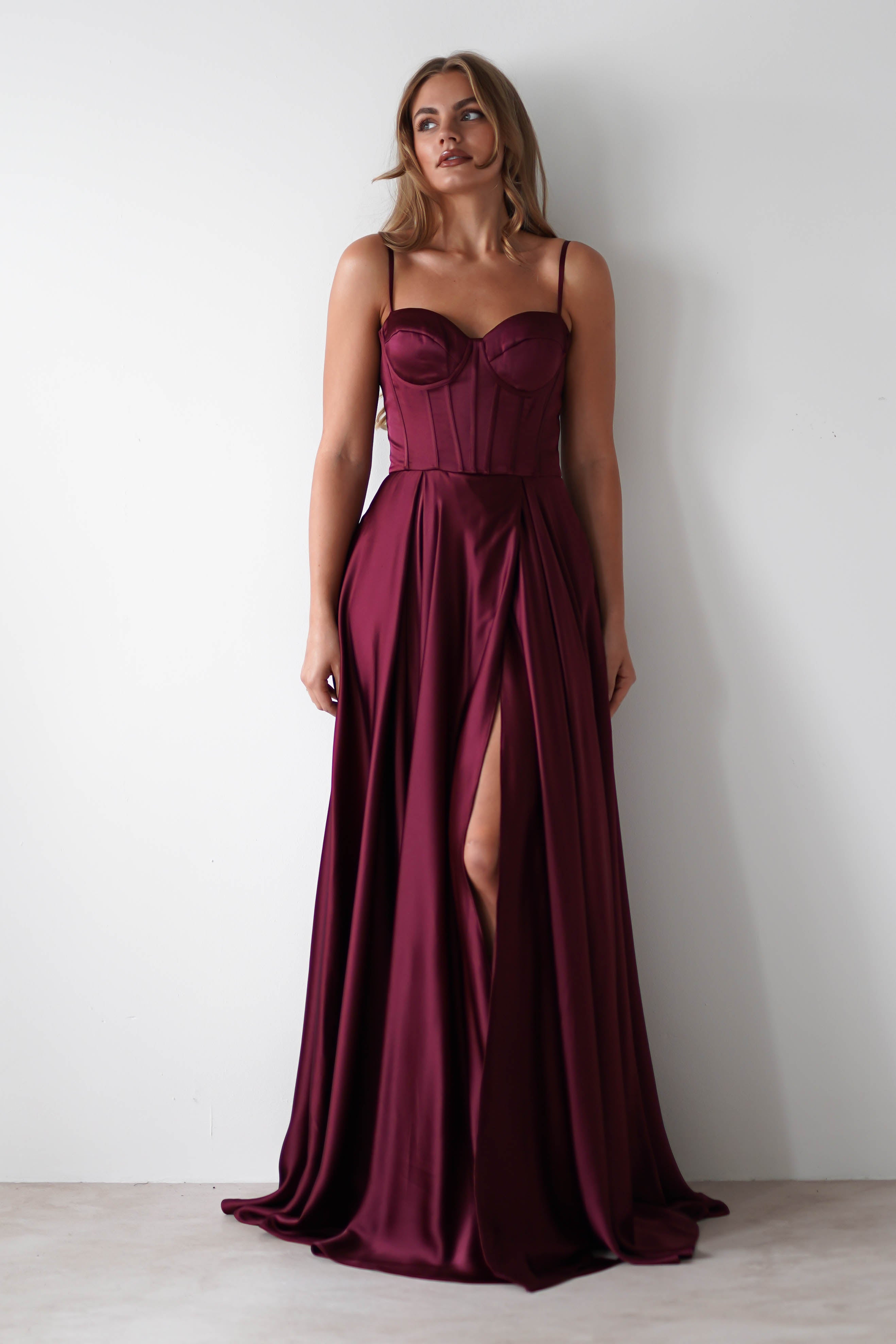 Georgia Soft Satin Maxi Gown | Burgundy | Debs & Prom | Formal Gown | Oh Hello Clothing