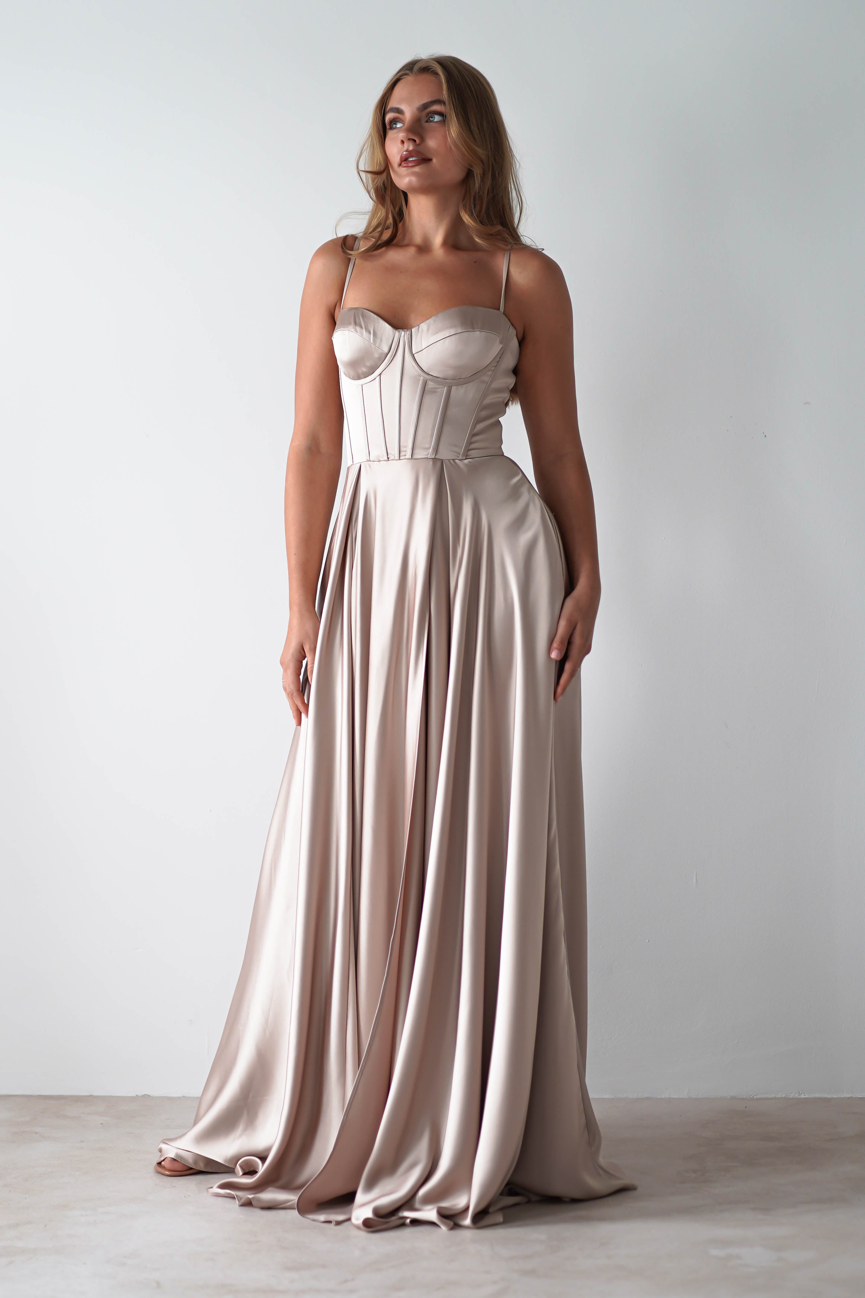 Georgia Soft Satin Maxi Gown | Champange | Debs & Prom | Formal Gown | Oh Hello Clothing
