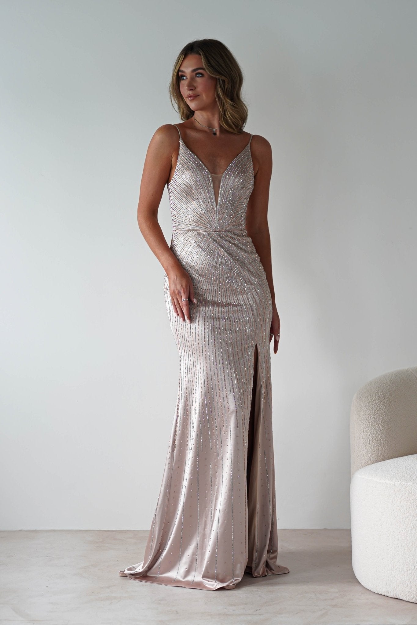 Gigi Rhinestone Bodycon Gown | Champange | Debs & Prom | Formal Gown | Oh Hello Clothing
