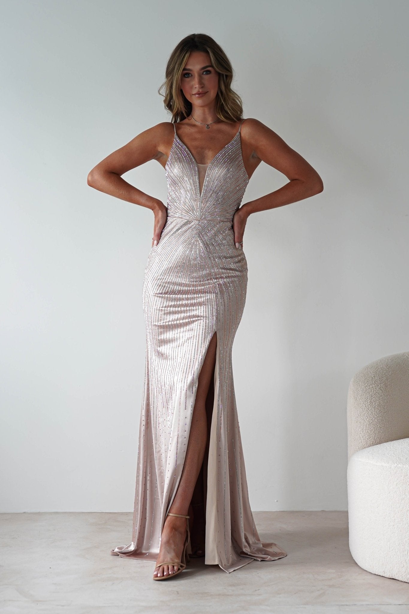 Gigi Rhinestone Bodycon Gown | Champange | Debs & Prom | Formal Gown | Oh Hello Clothing