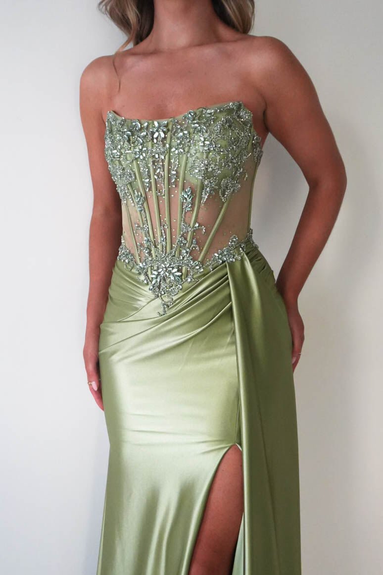 Oh Hello Clothing Dresses 1*DONE - CINDERALLA-C169 SAGE Embellished Satin Evening Gown (Copy) (Copy)