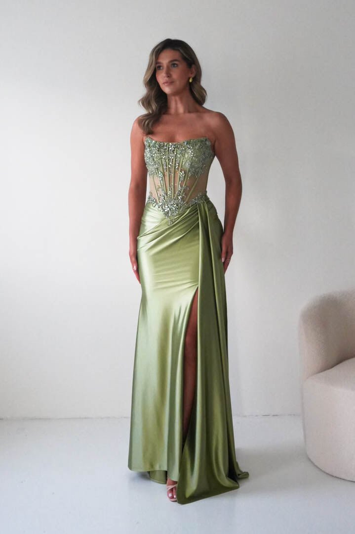 Oh Hello Clothing Dresses 1*DONE - CINDERALLA-C169 SAGE Embellished Satin Evening Gown (Copy) (Copy)
