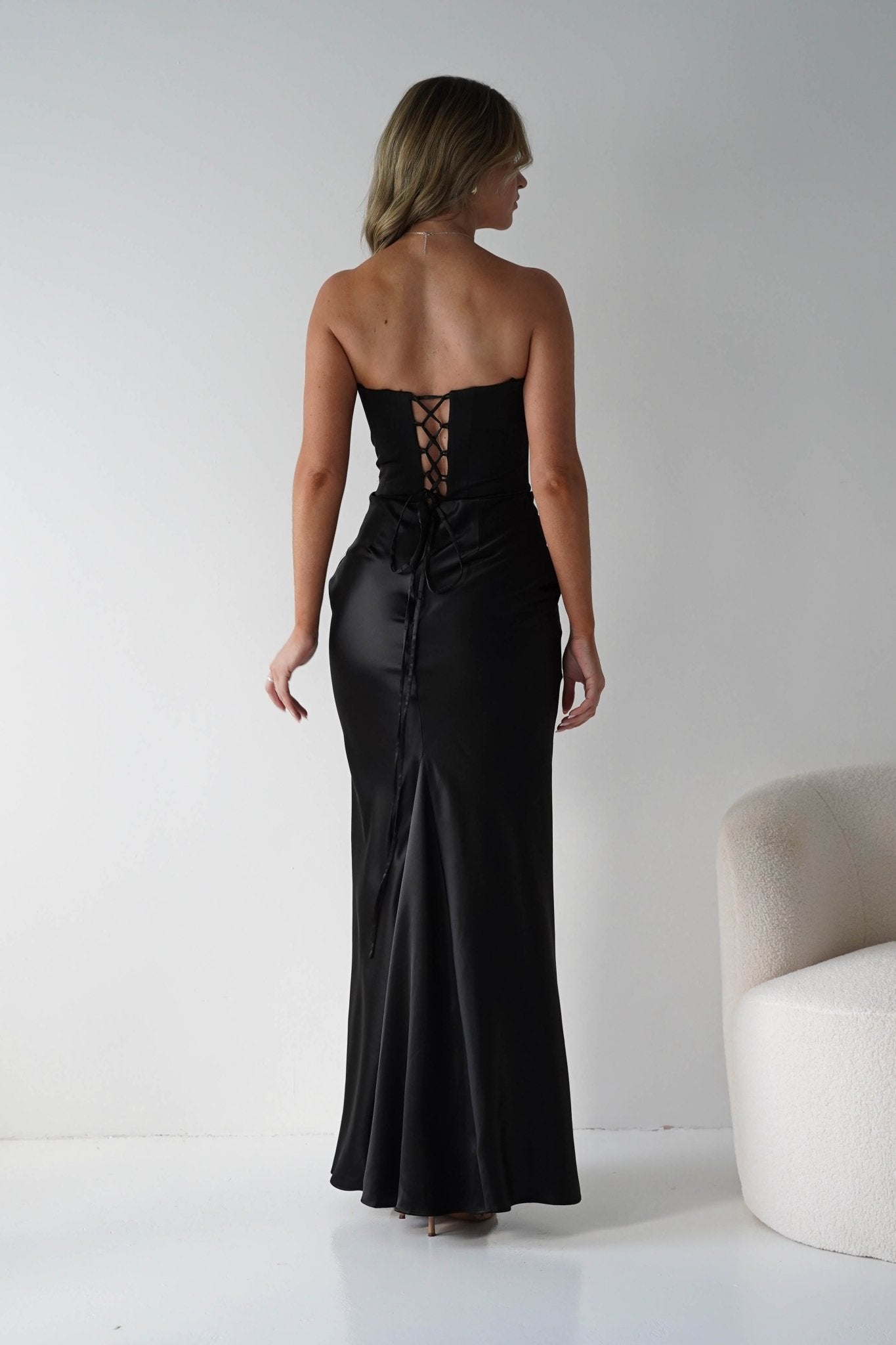 Giselle Corset Satin Maxi Dress Black | Black Tie Evening Dress | Corset Bodice | Maxi | Oh Hello Clothing