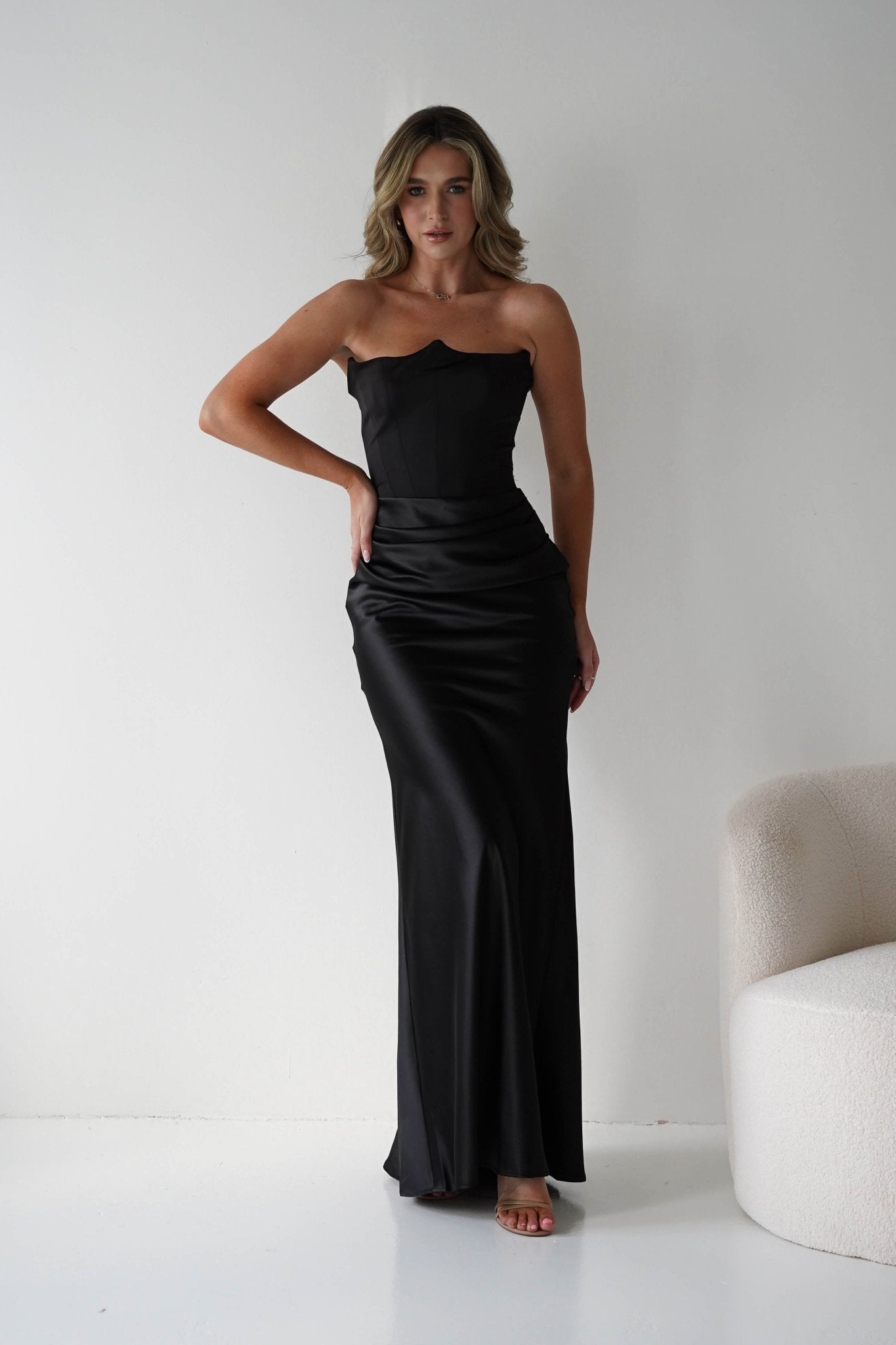 Giselle Corset Satin Maxi Dress Black | Black Tie Evening Dress | Corset Bodice | Maxi | Oh Hello Clothing