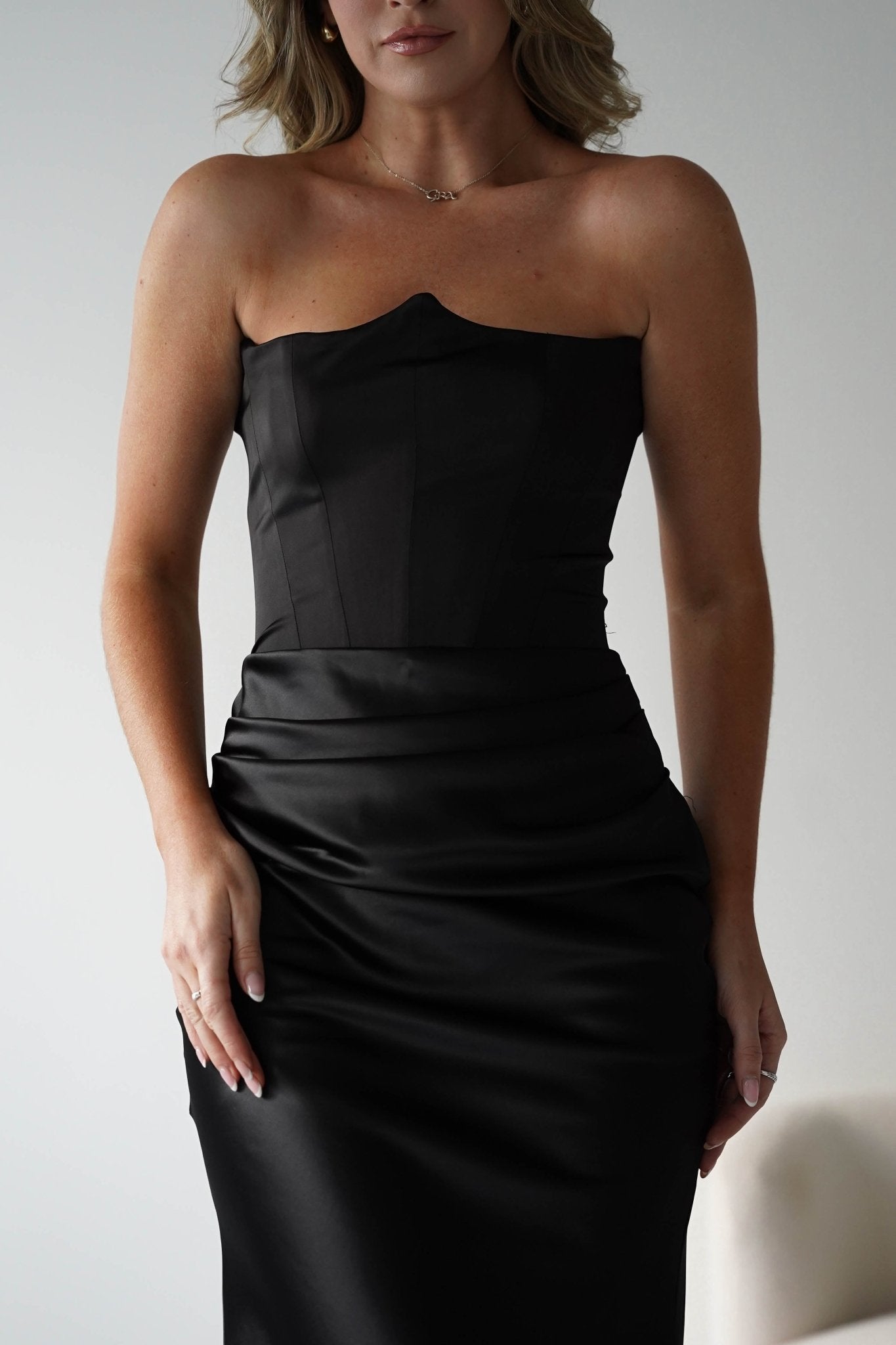 Giselle Corset Satin Maxi Dress Black | Black Tie Evening Dress | Corset Bodice | Maxi | Oh Hello Clothing