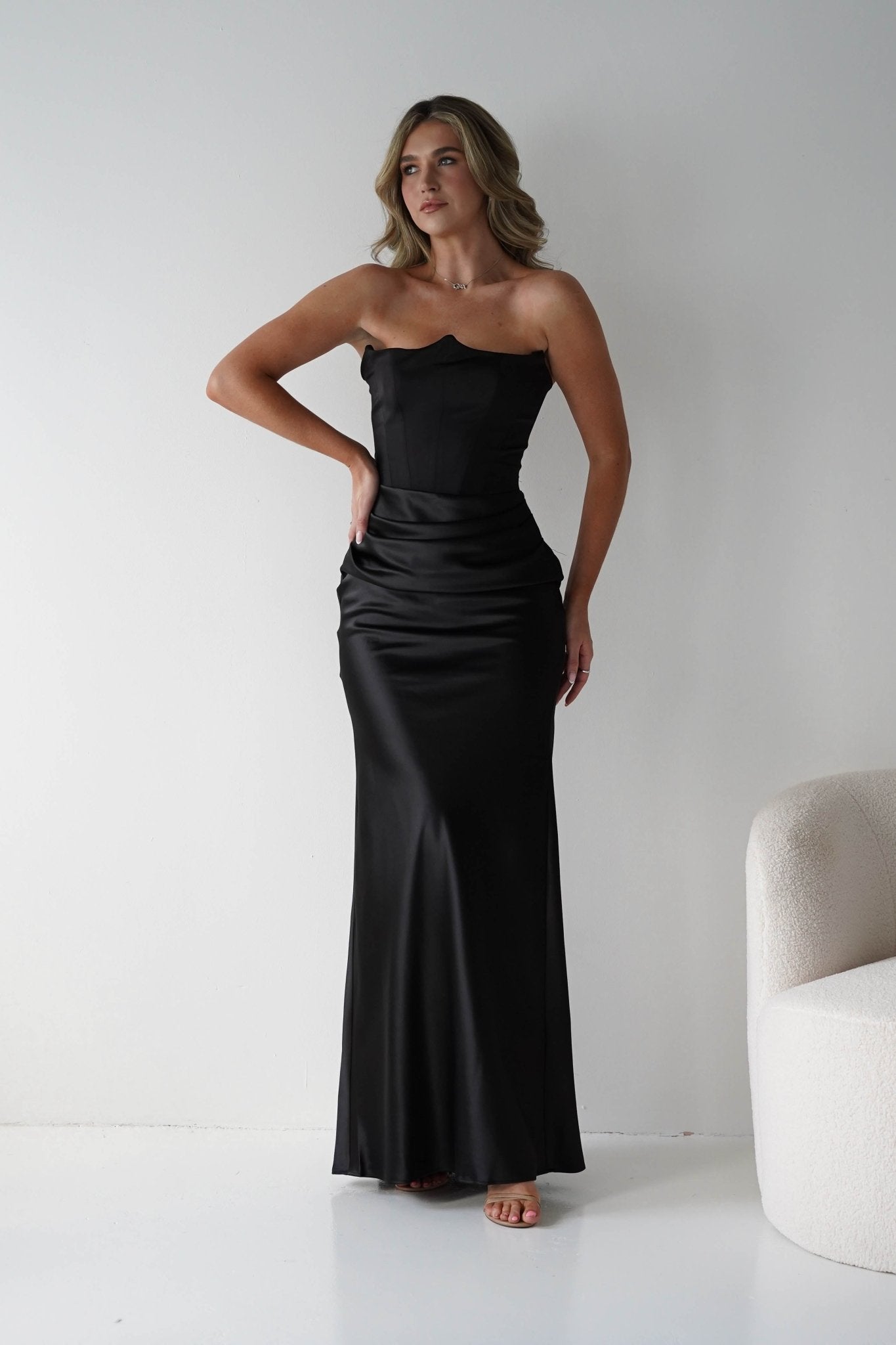 Giselle Corset Satin Maxi Dress Black | Black Tie Evening Dress | Corset Bodice | Maxi | Oh Hello Clothing