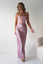 Giselle Corset Satin Maxi Dress Blush | Wedding Guest Dress | Corset Bodice | Maxi | Oh Hello Clothing