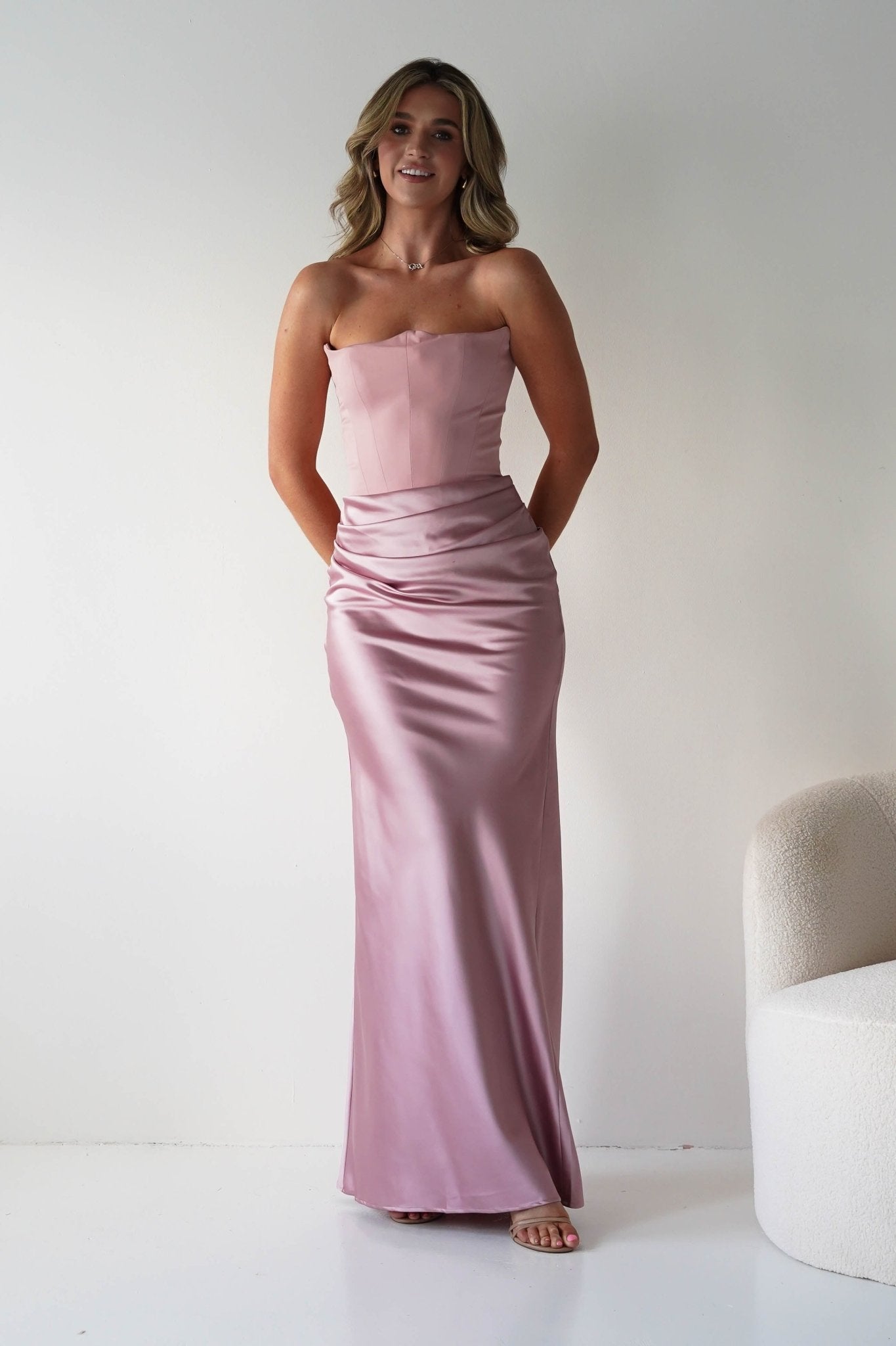Giselle Corset Satin Maxi Dress Blush | Wedding Guest Dress | Corset Bodice | Maxi | Oh Hello Clothing