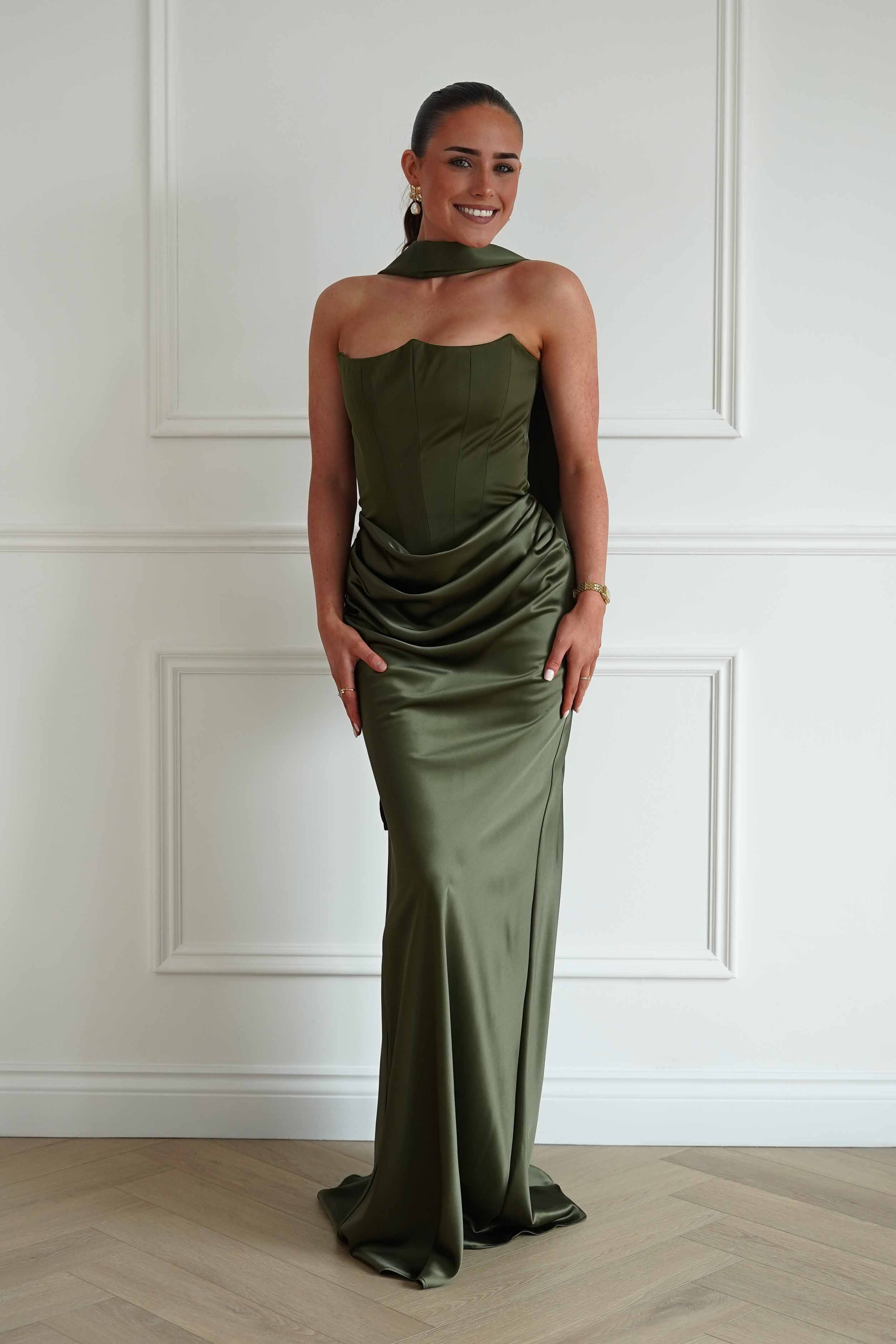 Oh Hello Clothing Dresses > Prom Dresses Giselle Corset Satin Maxi Dress | Olive