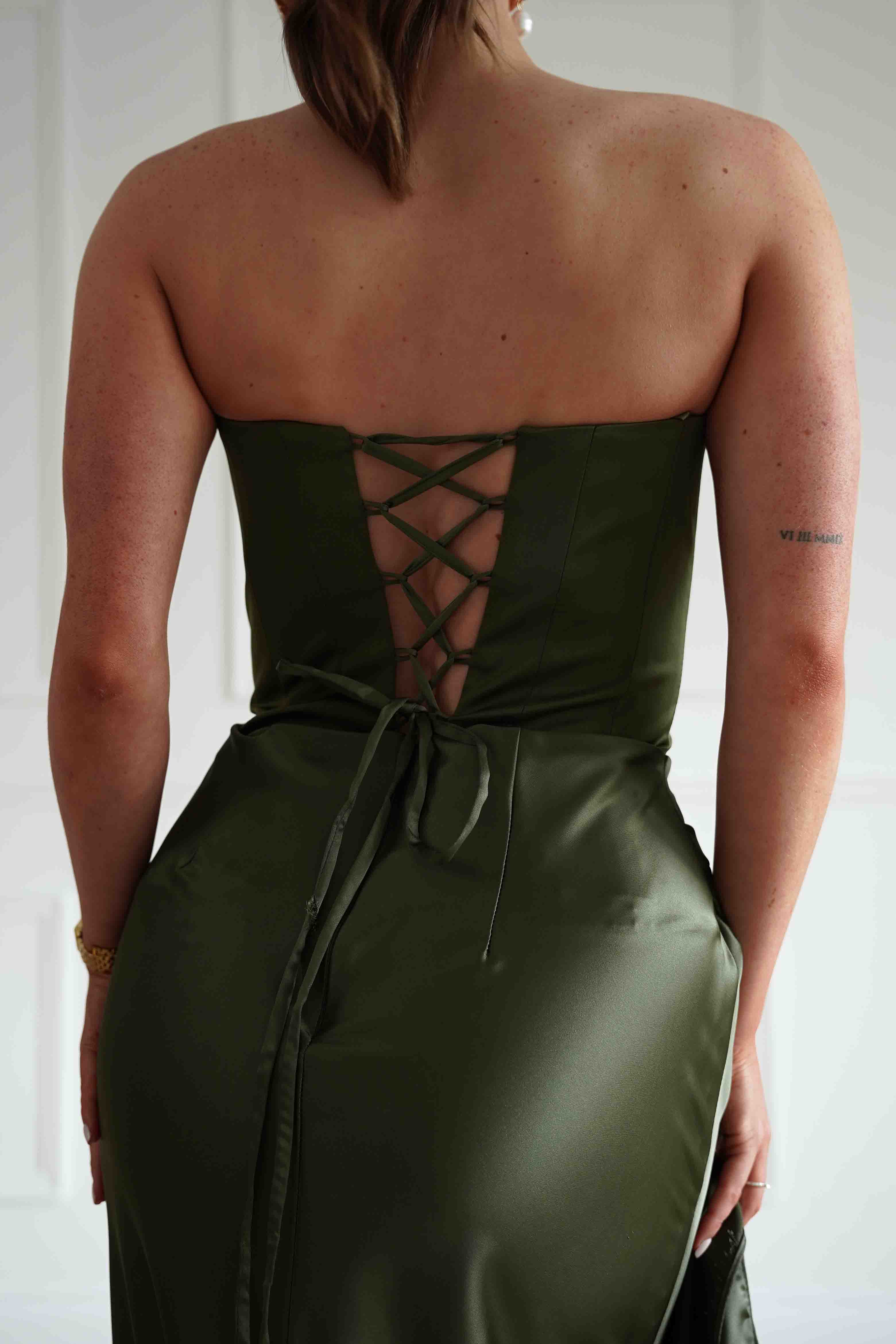 Oh Hello Clothing Dresses > Prom Dresses Giselle Corset Satin Maxi Dress | Olive