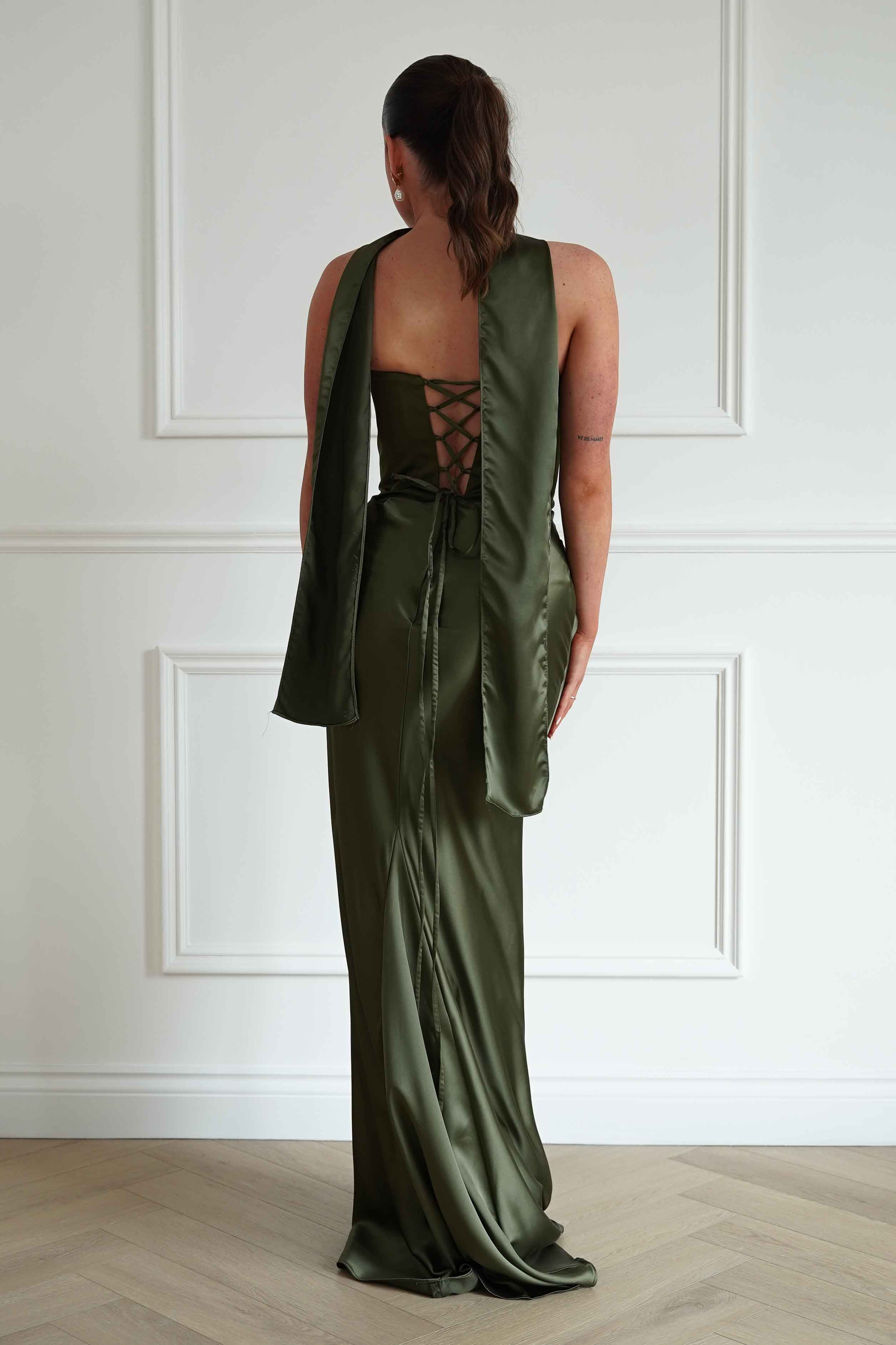 Oh Hello Clothing Dresses > Prom Dresses Giselle Corset Satin Maxi Dress | Olive