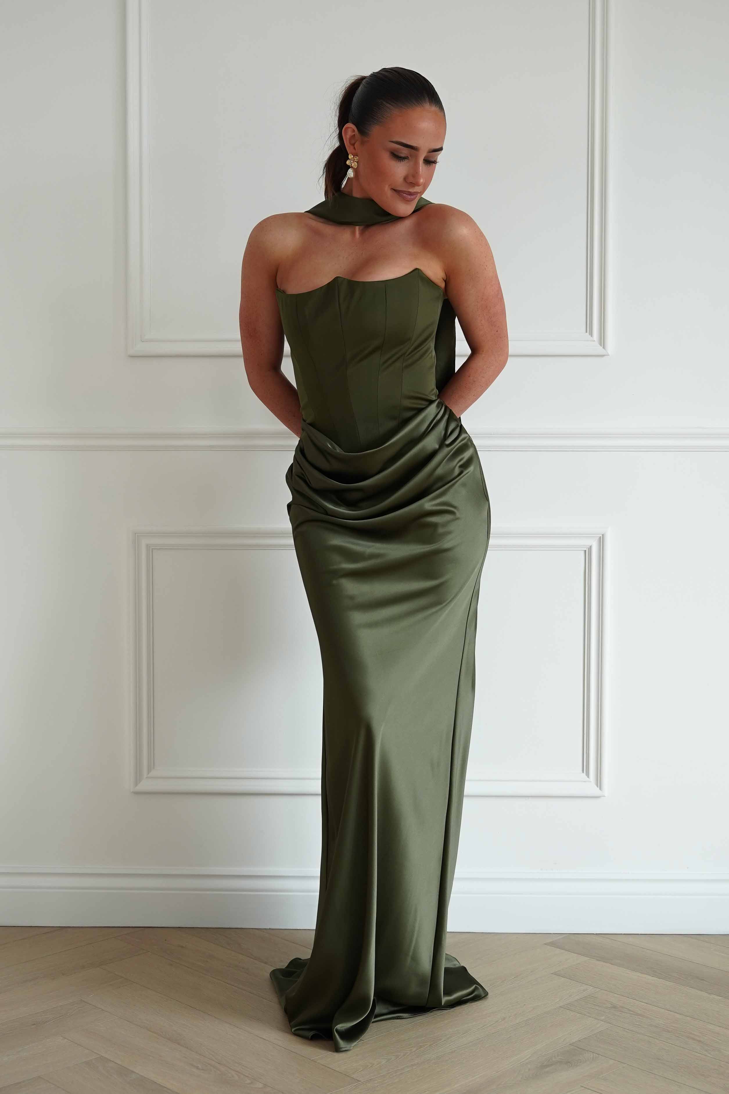 Oh Hello Clothing Dresses > Prom Dresses Giselle Corset Satin Maxi Dress | Olive