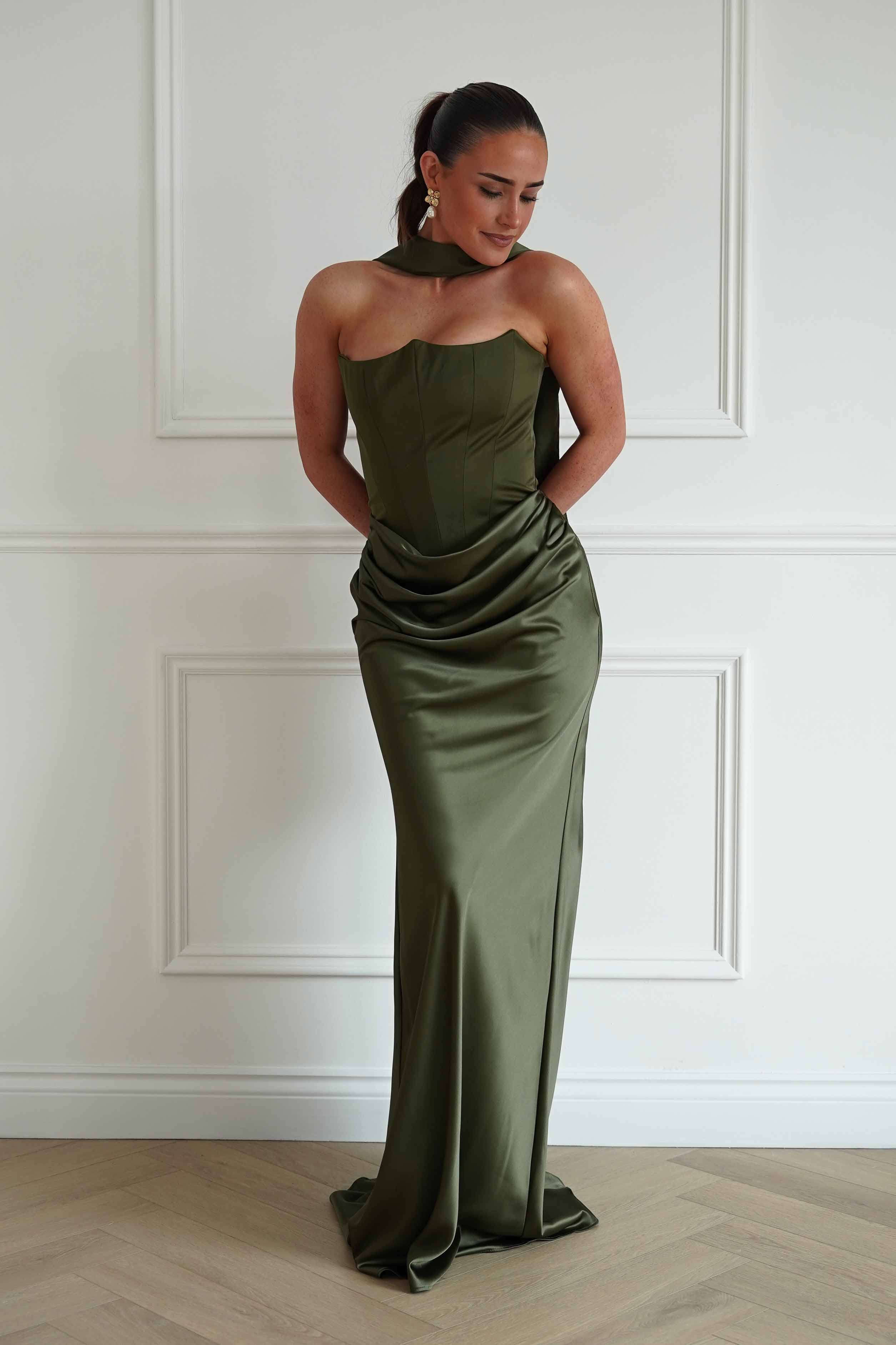 Oh Hello Clothing Dresses > Prom Dresses Giselle Corset Satin Maxi Dress | Olive