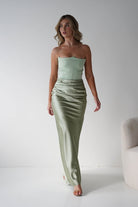 Giselle Corset Satin Maxi Dress Sage | Wedding Guest Dress | Corset Bodice | Maxi | Oh Hello Clothing