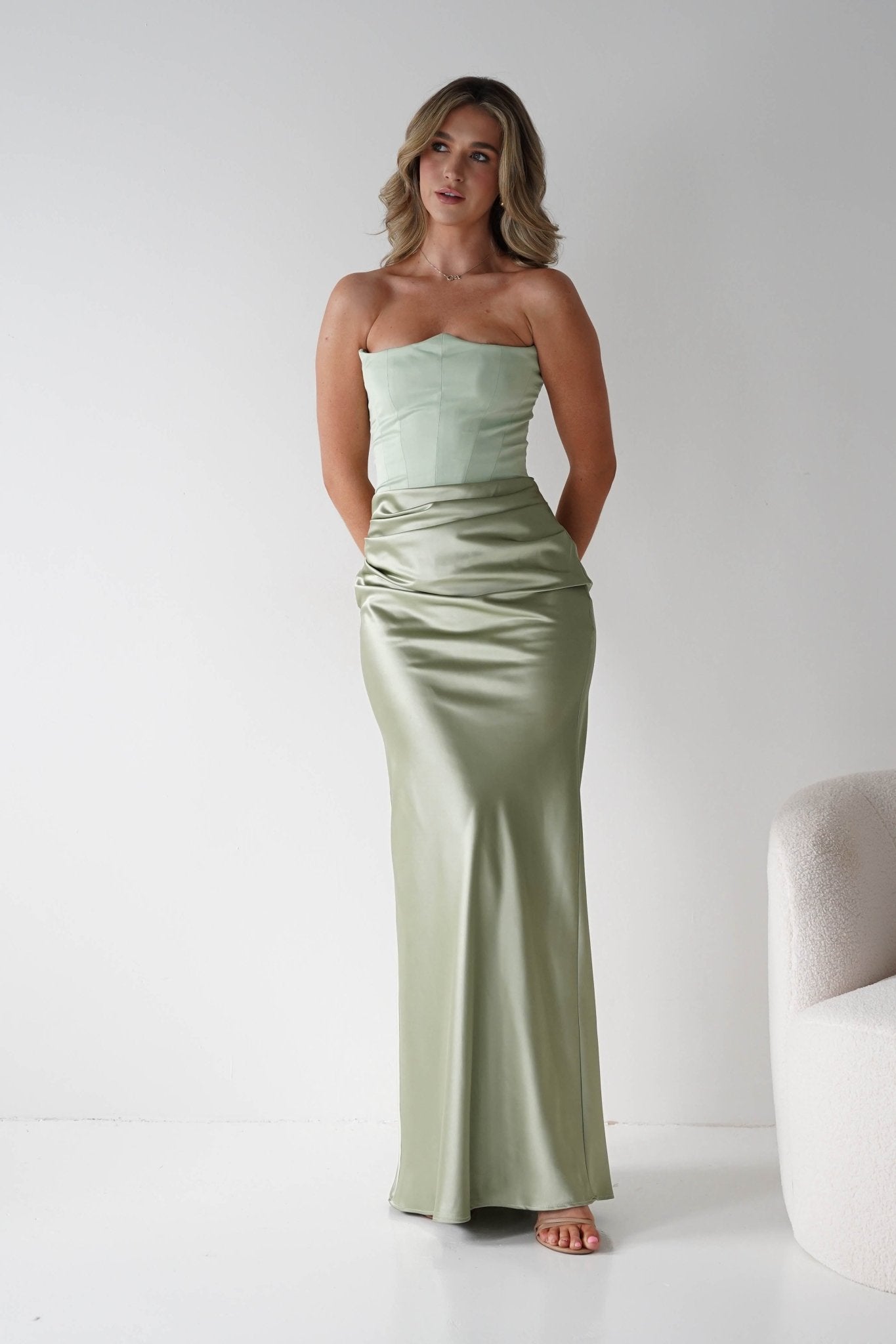 Giselle Corset Satin Maxi Dress Sage | Wedding Guest Dress | Corset Bodice | Maxi | Oh Hello Clothing