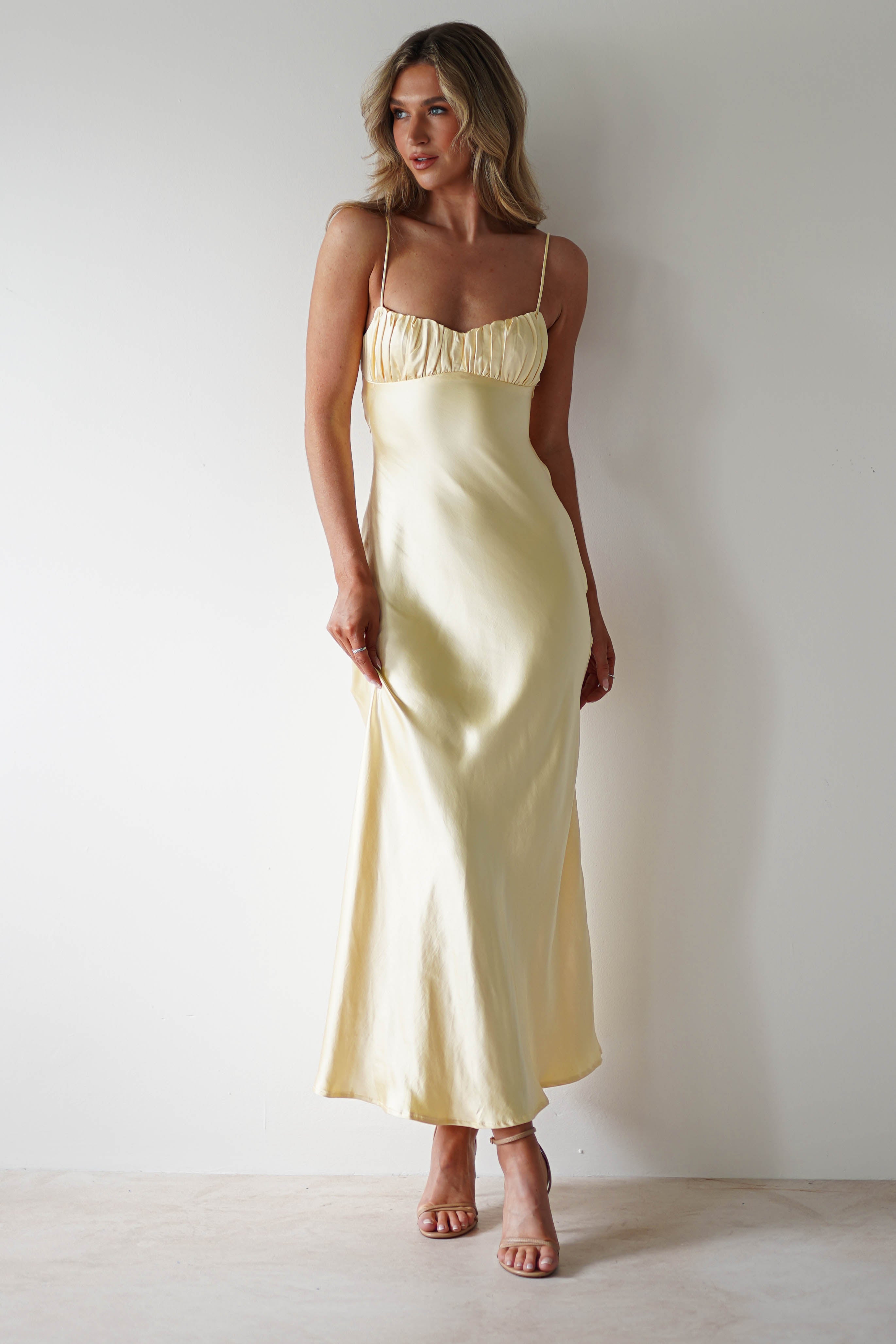 Grace Soft Satin Maxi Dress Yellow | Wedding Guest Dress | Maxi | Satin | Oh Hello Clothing