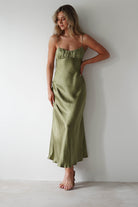 Grace Soft Satin Maxi Dress Olive | Wedding Guest Dress | Maxi | Satin | Oh Hello Clothing