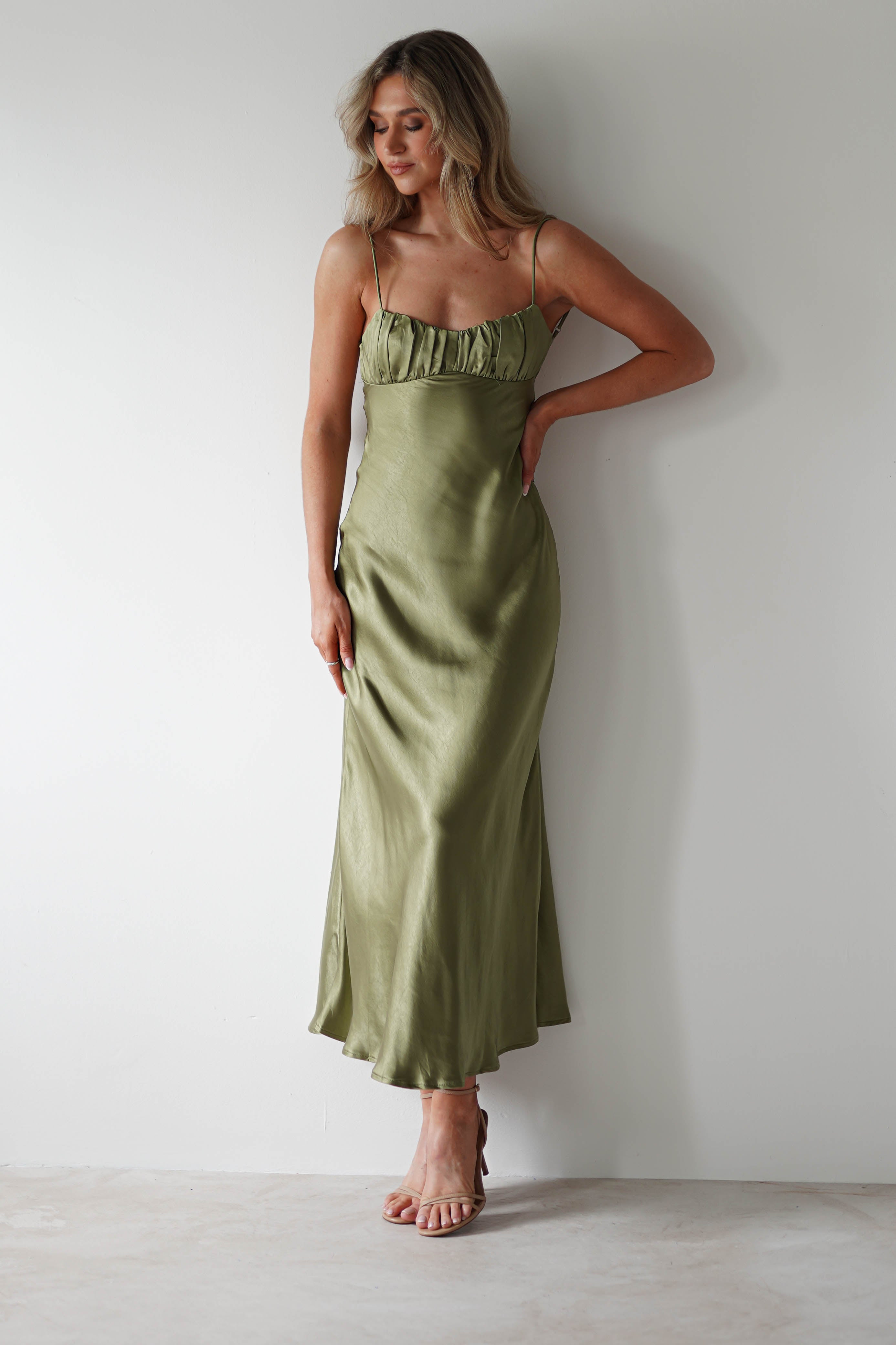 Grace Soft Satin Maxi Dress Olive | Wedding Guest Dress | Maxi | Satin | Oh Hello Clothing