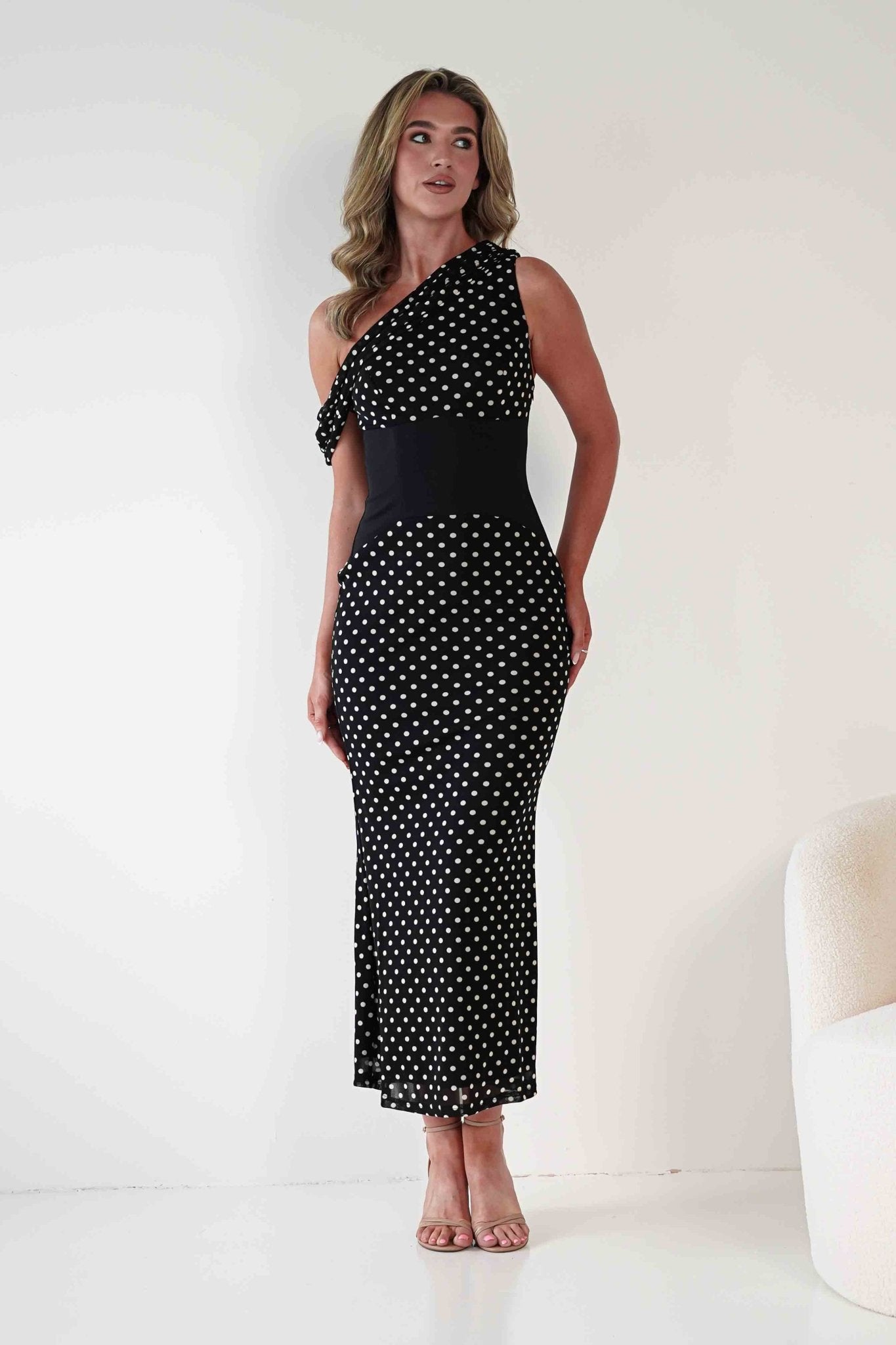 Hailey One Shoulder Polka Dot Dress Black | Wedding Guest Dress | One Shoulder | Oh Hello Clothing