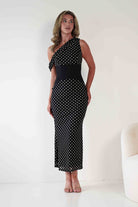 Hailey One Shoulder Polka Dot Dress Black | Wedding Guest Dress | One Shoulder | Oh Hello Clothing