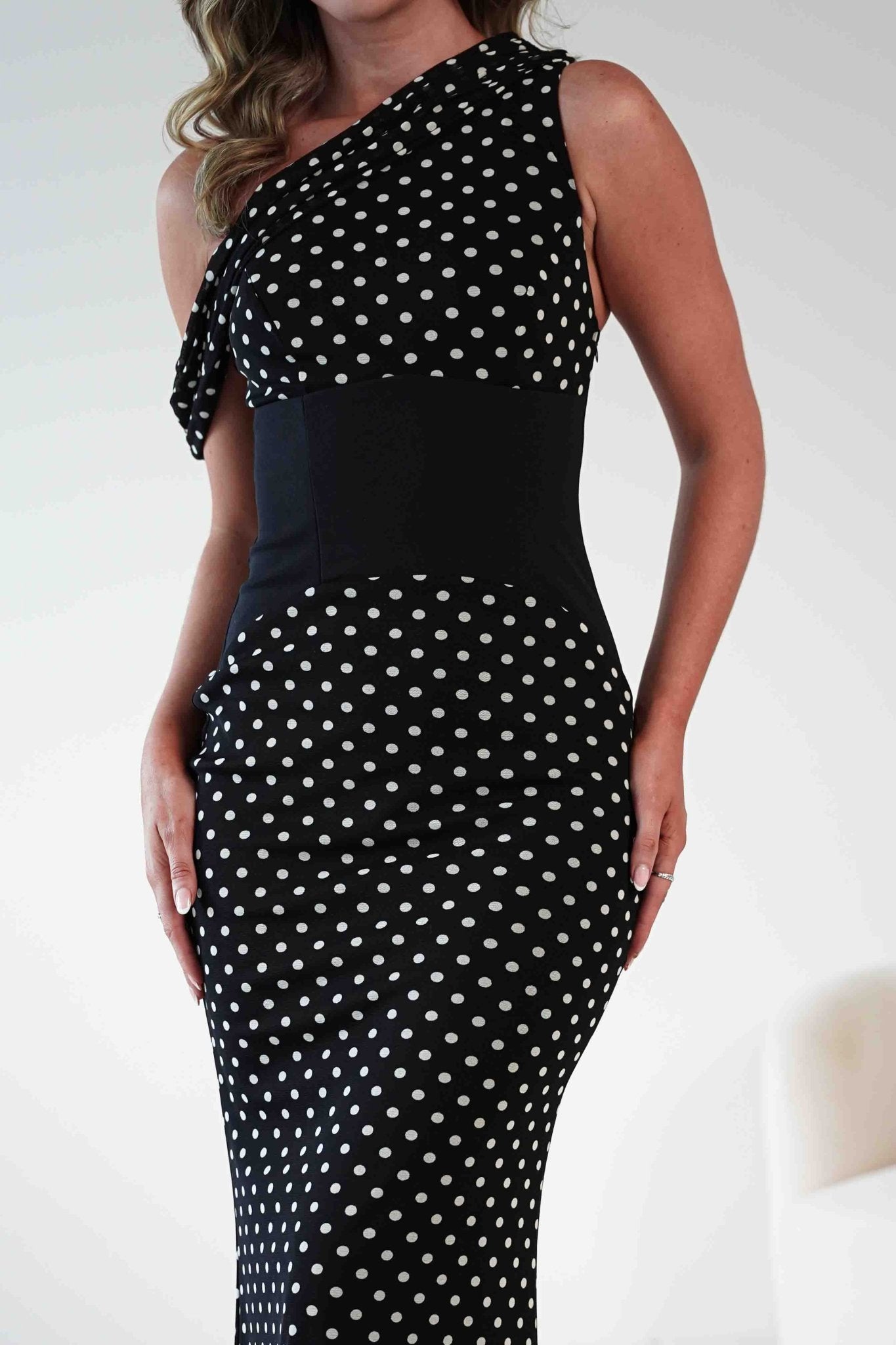 Hailey One Shoulder Polka Dot Dress Black | Wedding Guest Dress | One Shoulder | Oh Hello Clothing