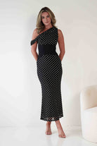 Hailey One Shoulder Polka Dot Dress Black | Wedding Guest Dress | One Shoulder | Oh Hello Clothing