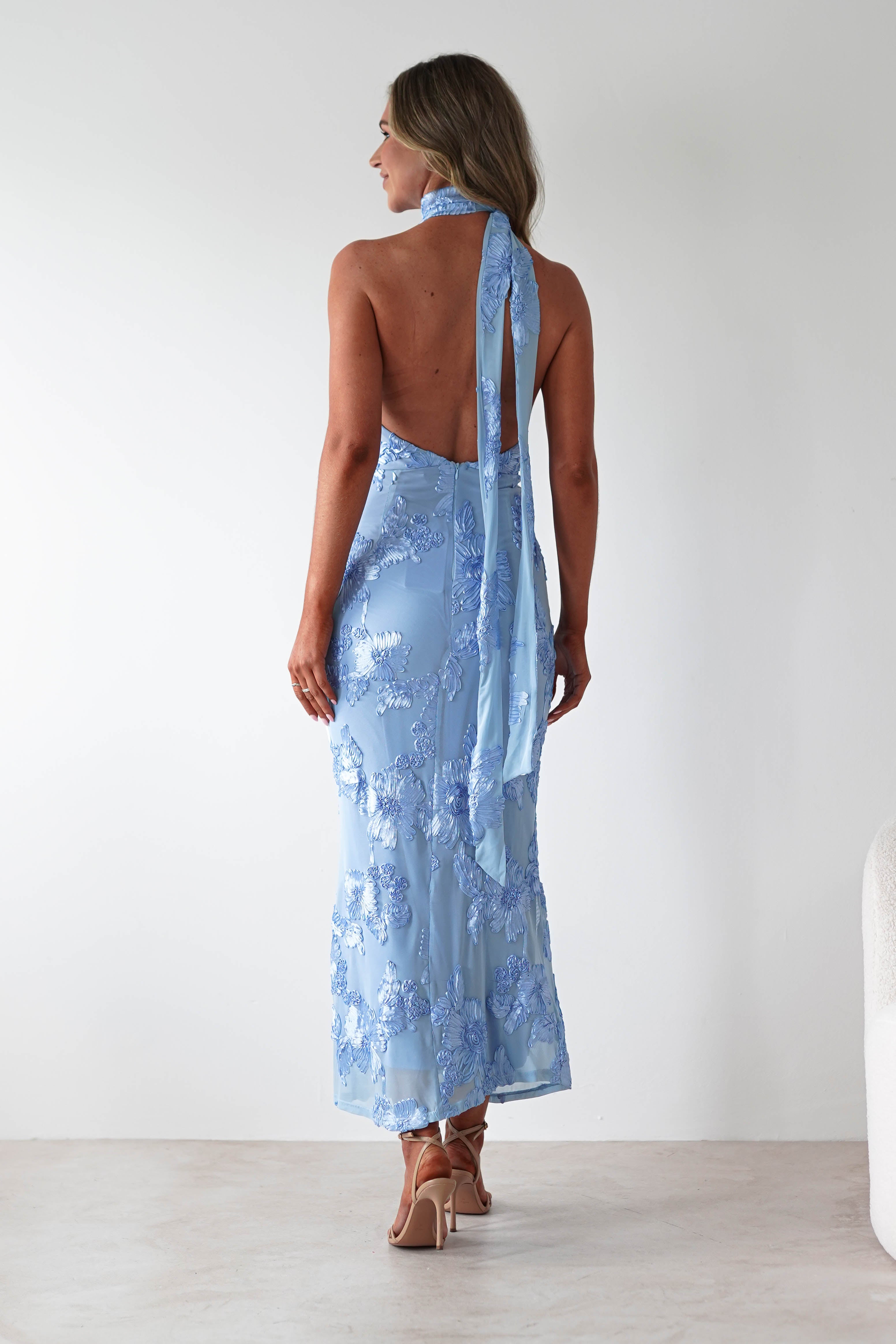 Halsey Tie Back Maxi Dress Blue Textured | Wedding Guest Dress | Maxi | Oh Hello Clothing