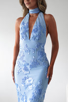 Halsey Tie Back Maxi Dress Blue Textured | Wedding Guest Dress | Maxi | Oh Hello Clothing