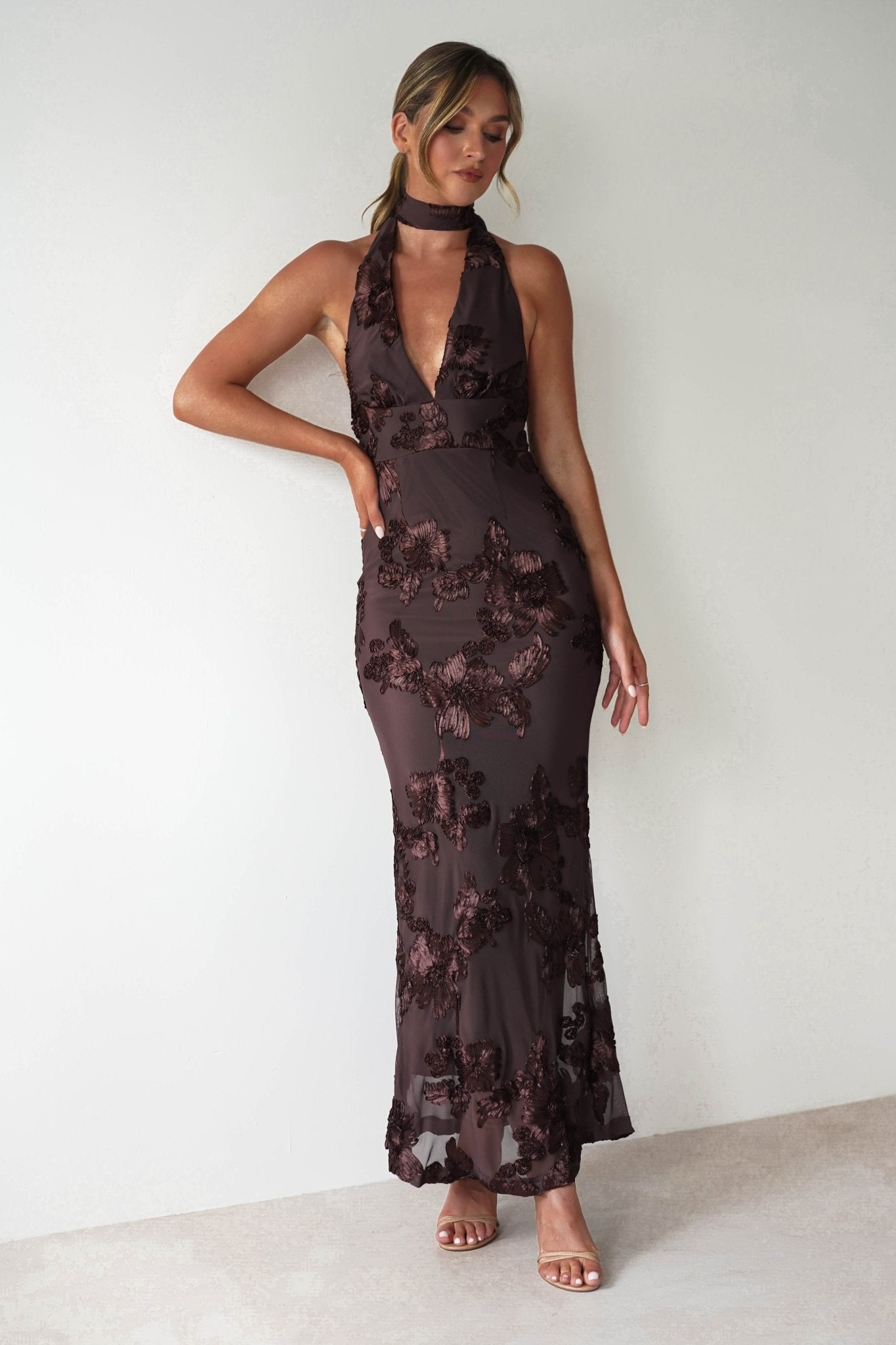 Halsey Tie Back Maxi Dress Brown Textured | Wedding Guest Dress | Maxi | Oh Hello Clothing