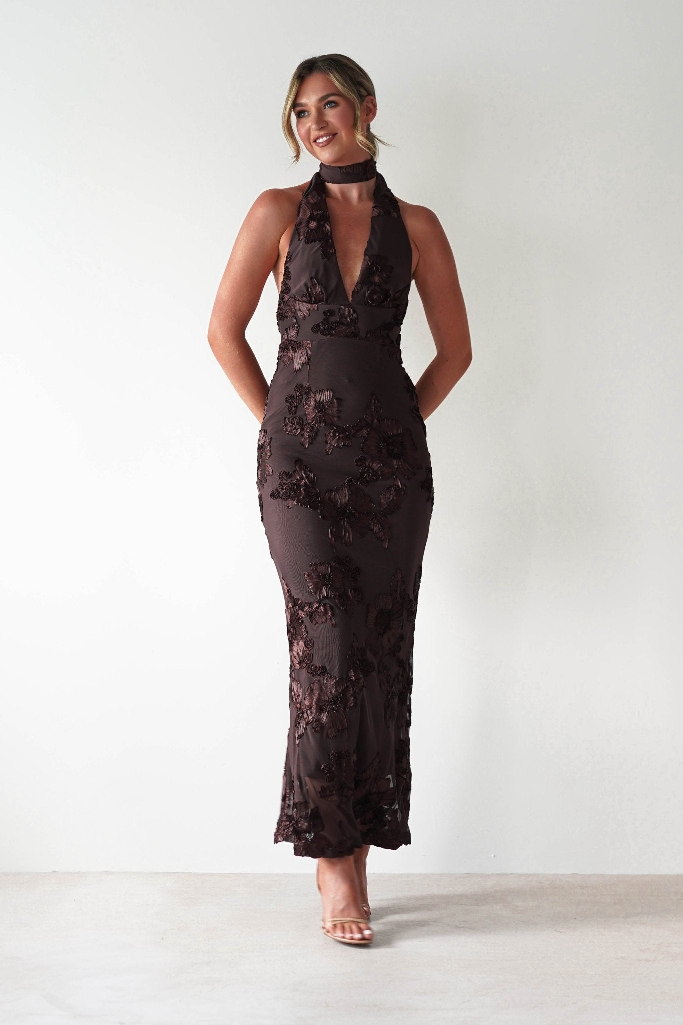 Halsey Tie Back Maxi Dress Brown Textured | Wedding Guest Dress | Maxi | Oh Hello Clothing