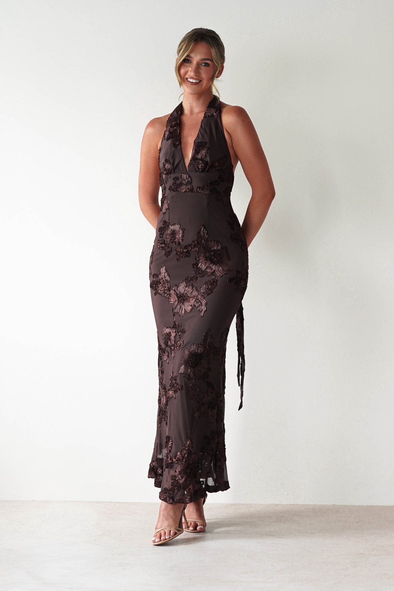 Halsey Tie Back Maxi Dress Brown Textured | Wedding Guest Dress | Maxi | Oh Hello Clothing