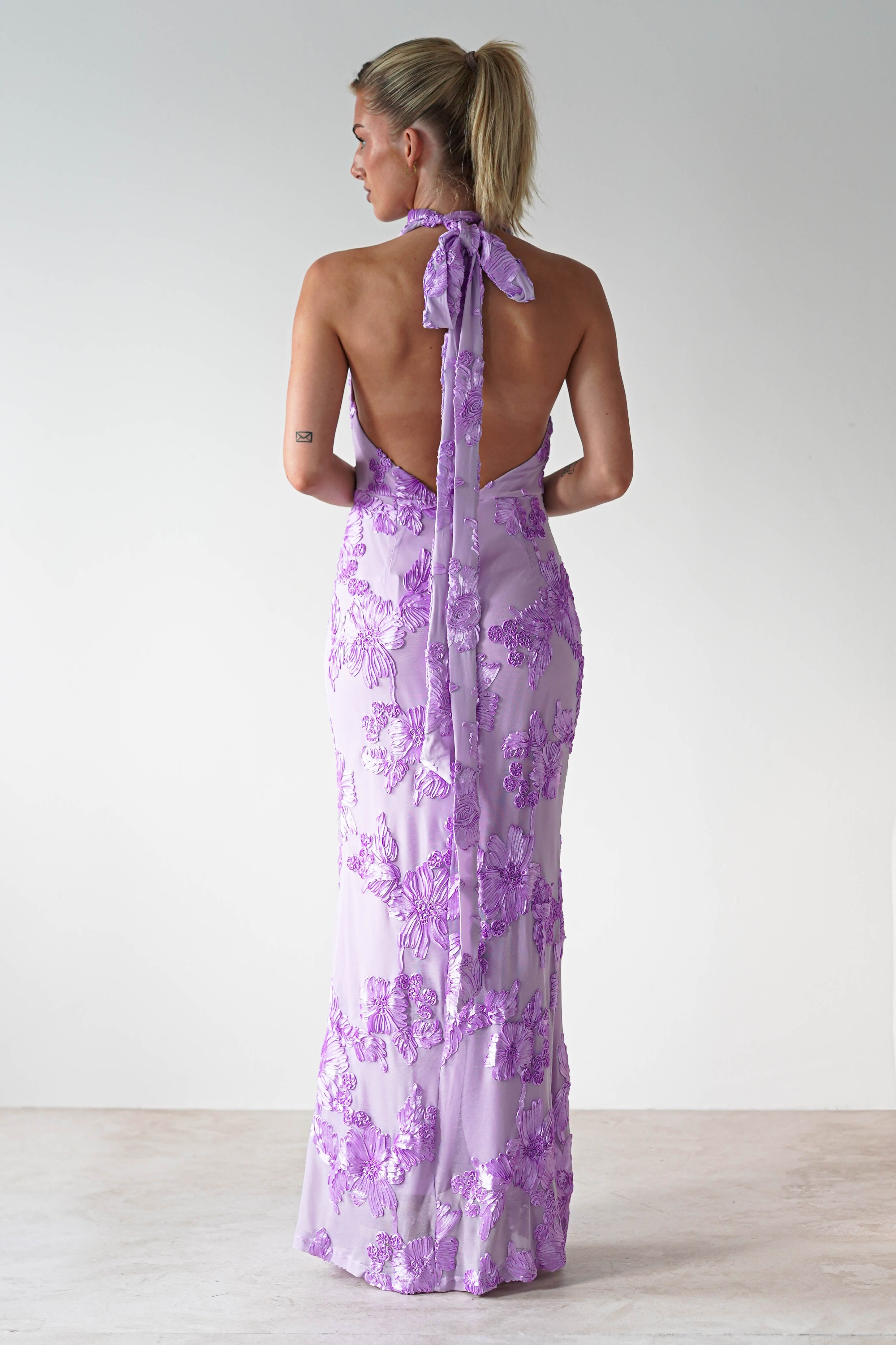 Halsey Tie Back Maxi Dress Lilac Textured | Wedding Guest Dress | Maxi | Oh Hello Clothing
