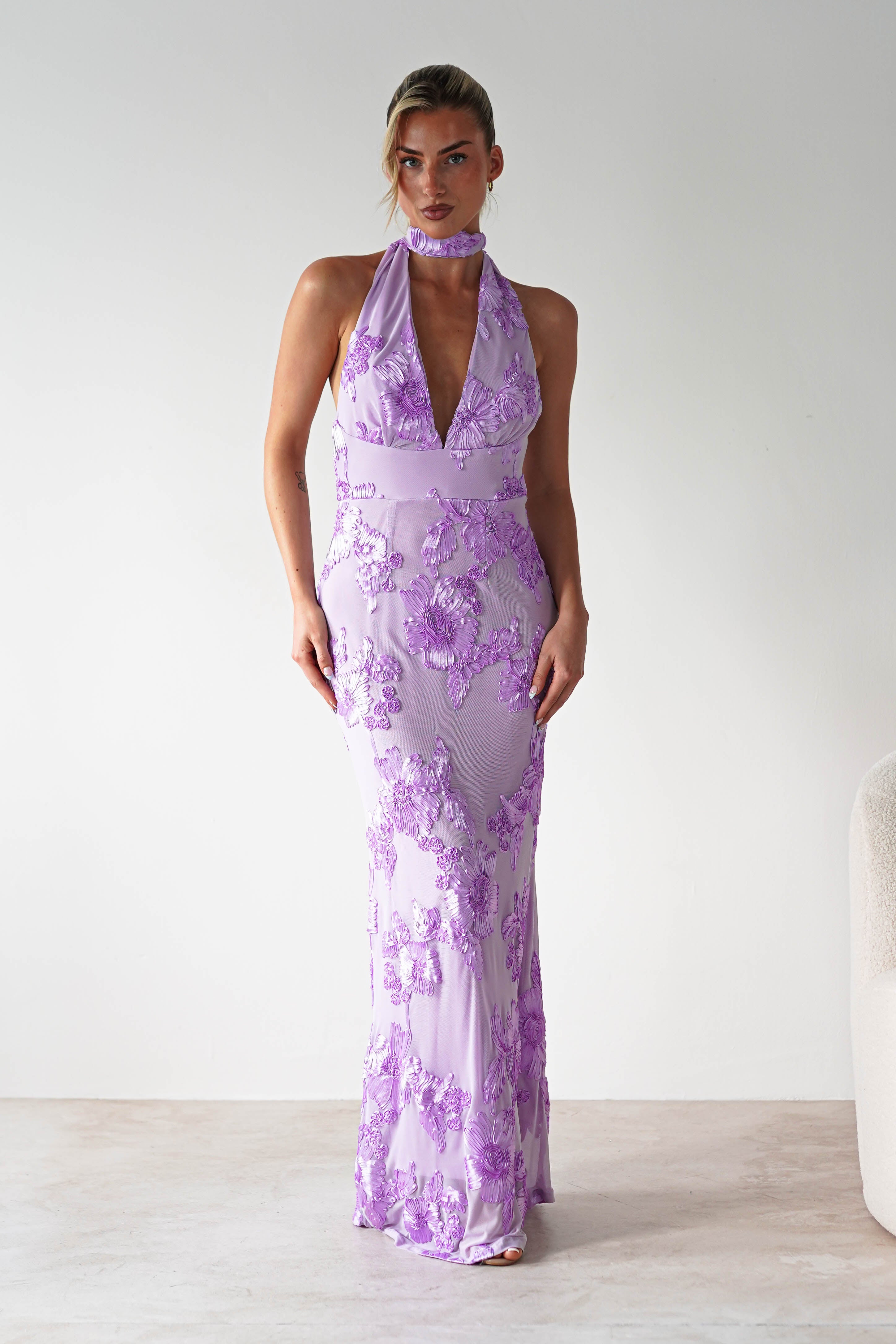 Halsey Tie Back Maxi Dress Lilac Textured | Wedding Guest Dress | Maxi | Oh Hello Clothing