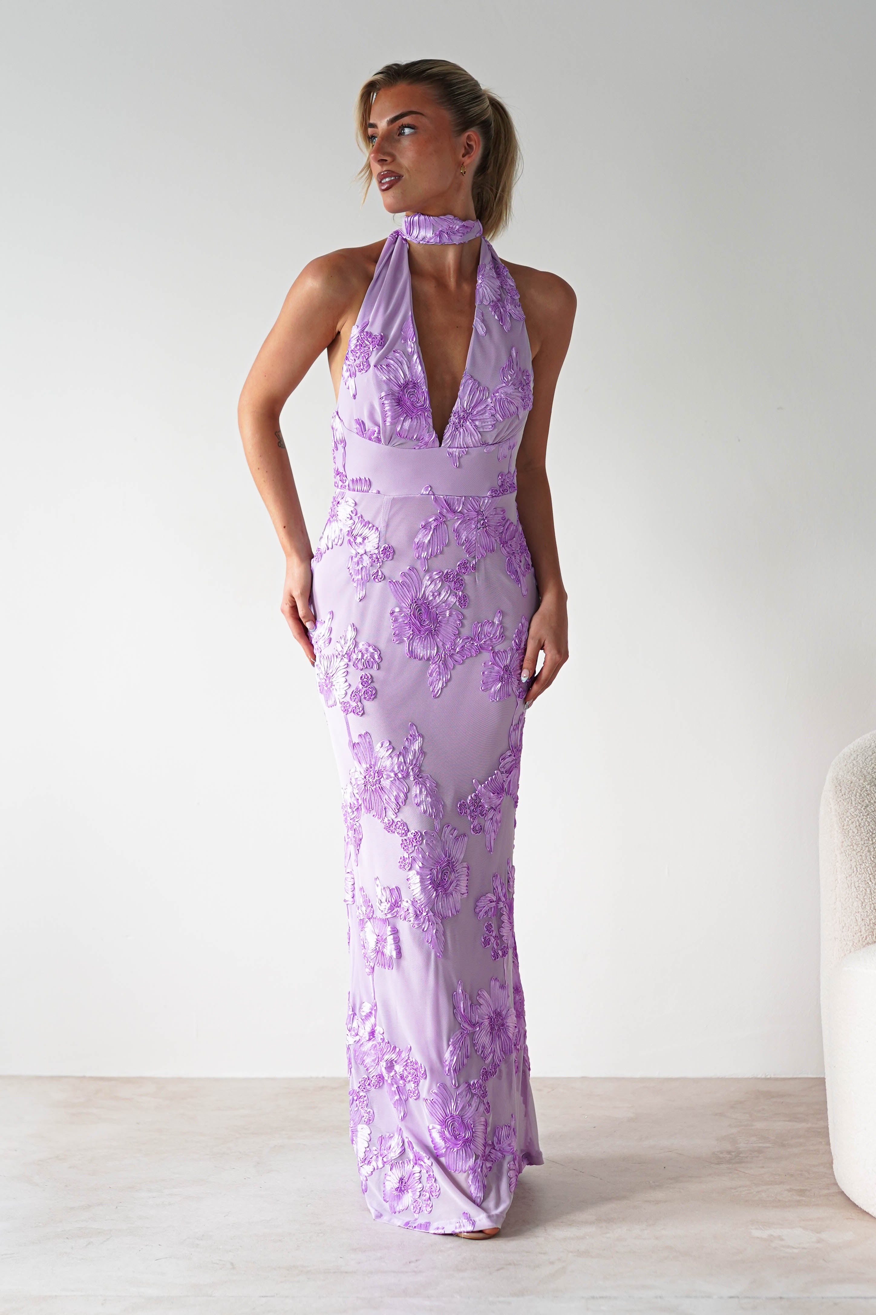 Halsey Tie Back Maxi Dress Lilac Textured | Wedding Guest Dress | Maxi | Oh Hello Clothing