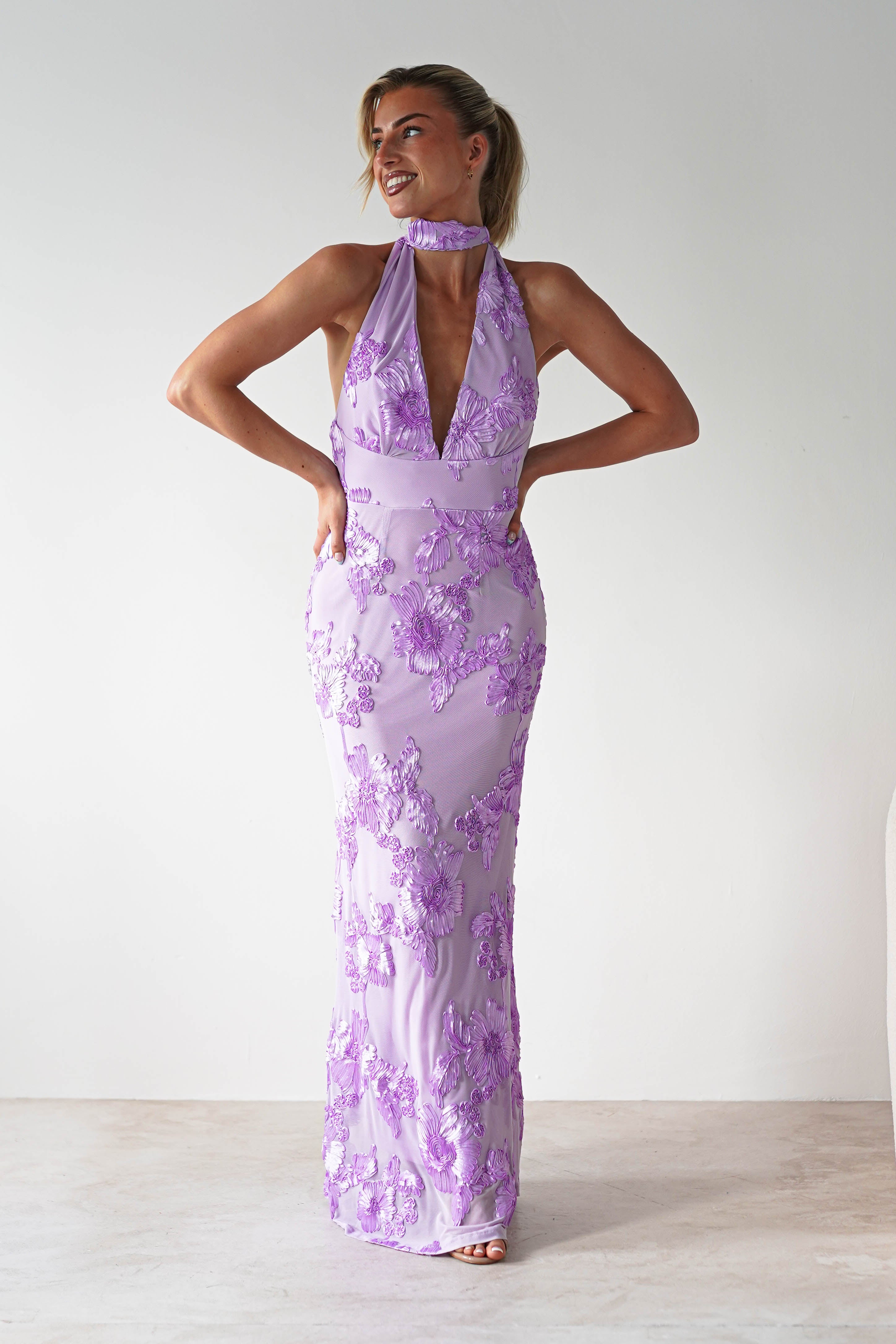 Halsey Tie Back Maxi Dress Lilac Textured | Wedding Guest Dress | Maxi | Oh Hello Clothing