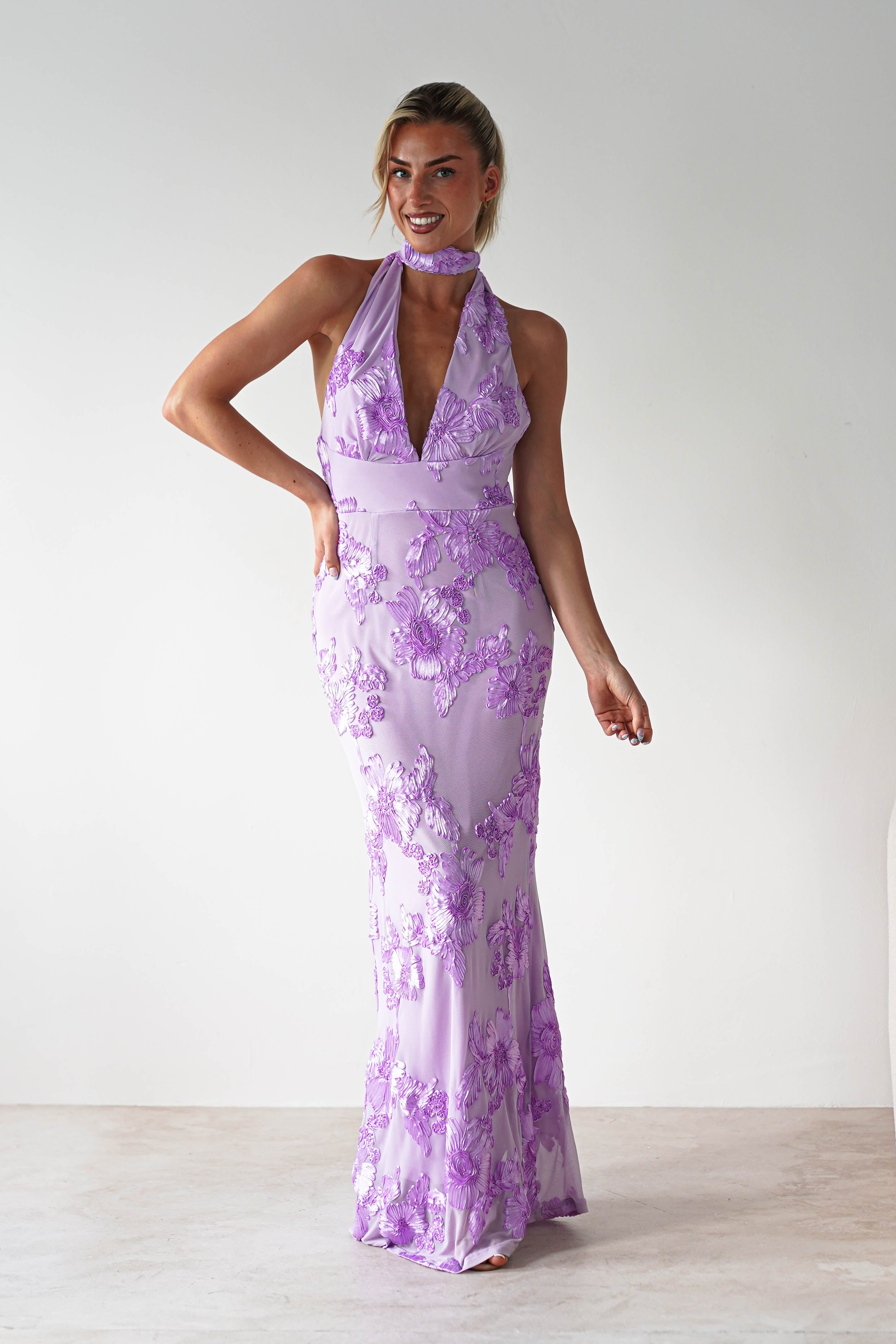 Halsey Tie Back Maxi Dress Lilac Textured | Wedding Guest Dress | Maxi | Oh Hello Clothing