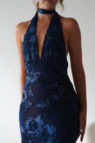 Halsey Tie Back Maxi Dress Navy Textured | Wedding Guest Dress | Maxi | Oh Hello Clothing